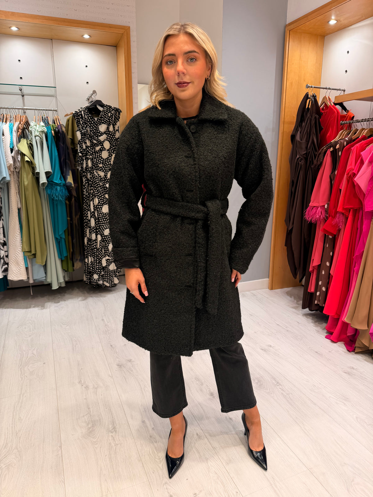 Smashed Lemon Black Belted Textured Coat