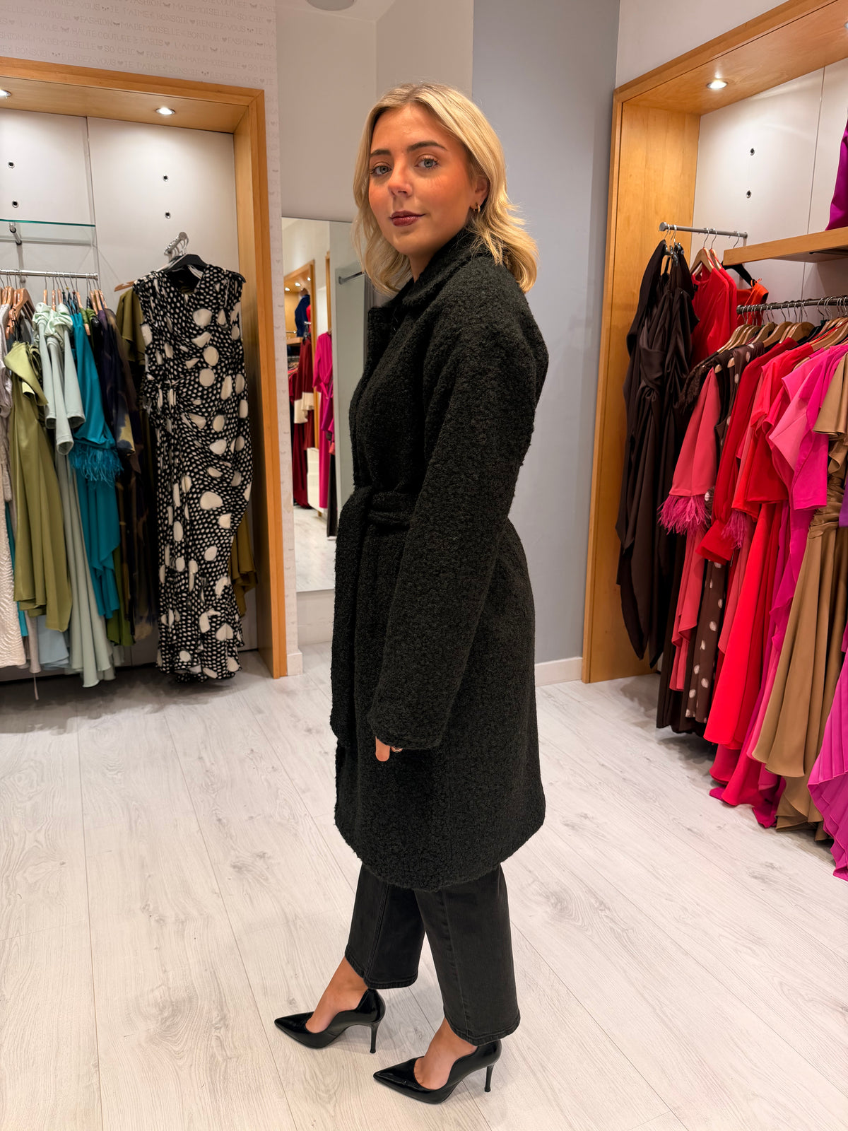 Smashed Lemon Black Belted Textured Coat
