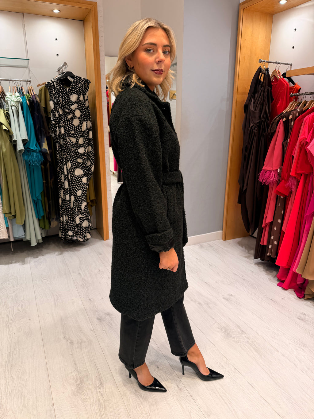 Smashed Lemon Black Belted Textured Coat