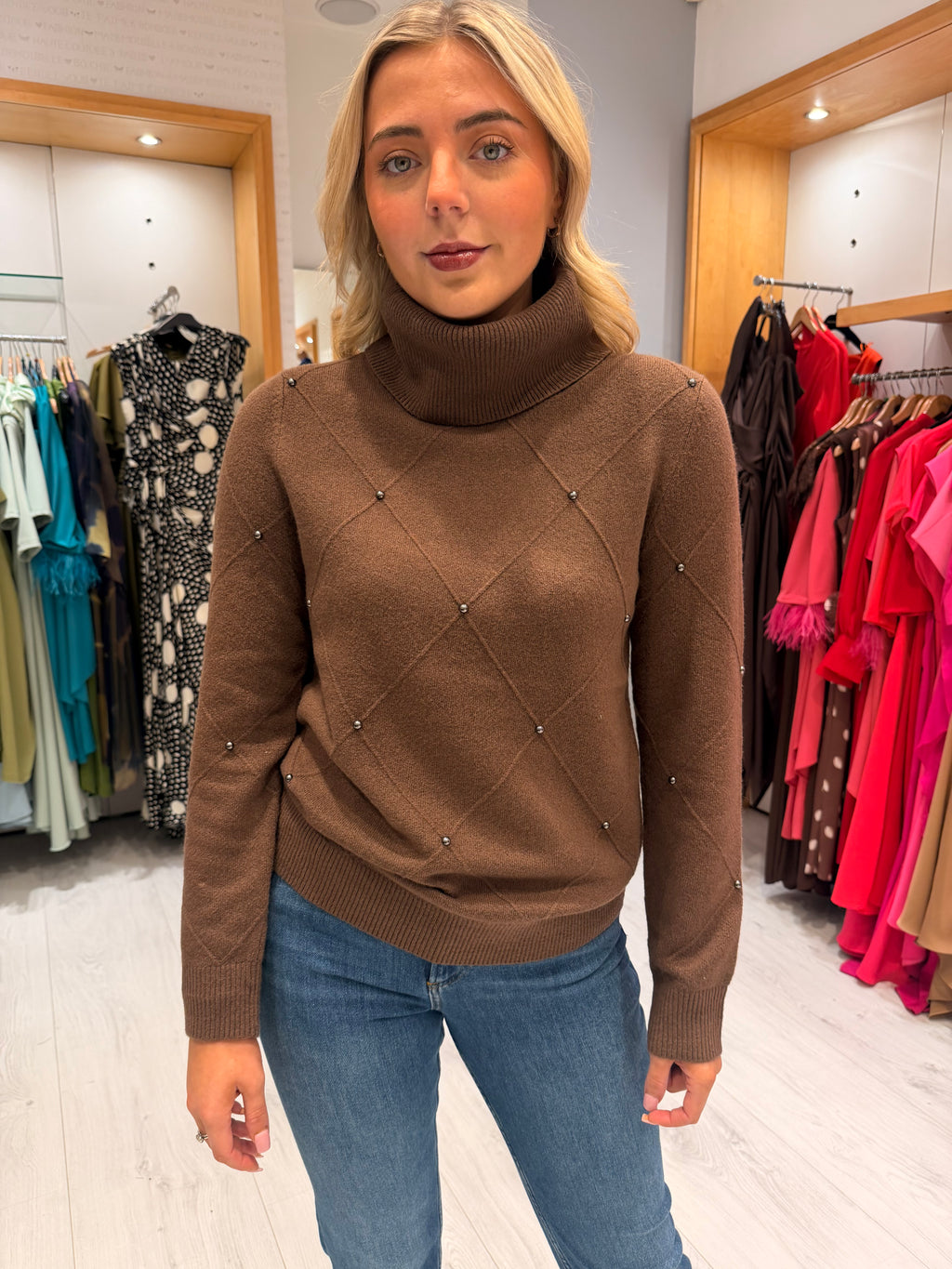 Hv Polo Brown Embellished Roll Neck Jumper