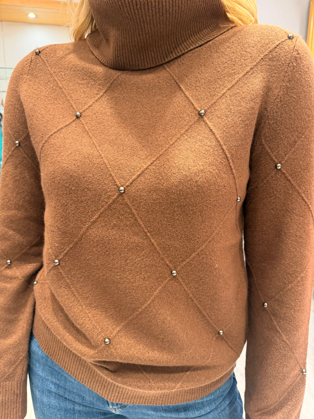 Hv Polo Brown Embellished Roll Neck Jumper