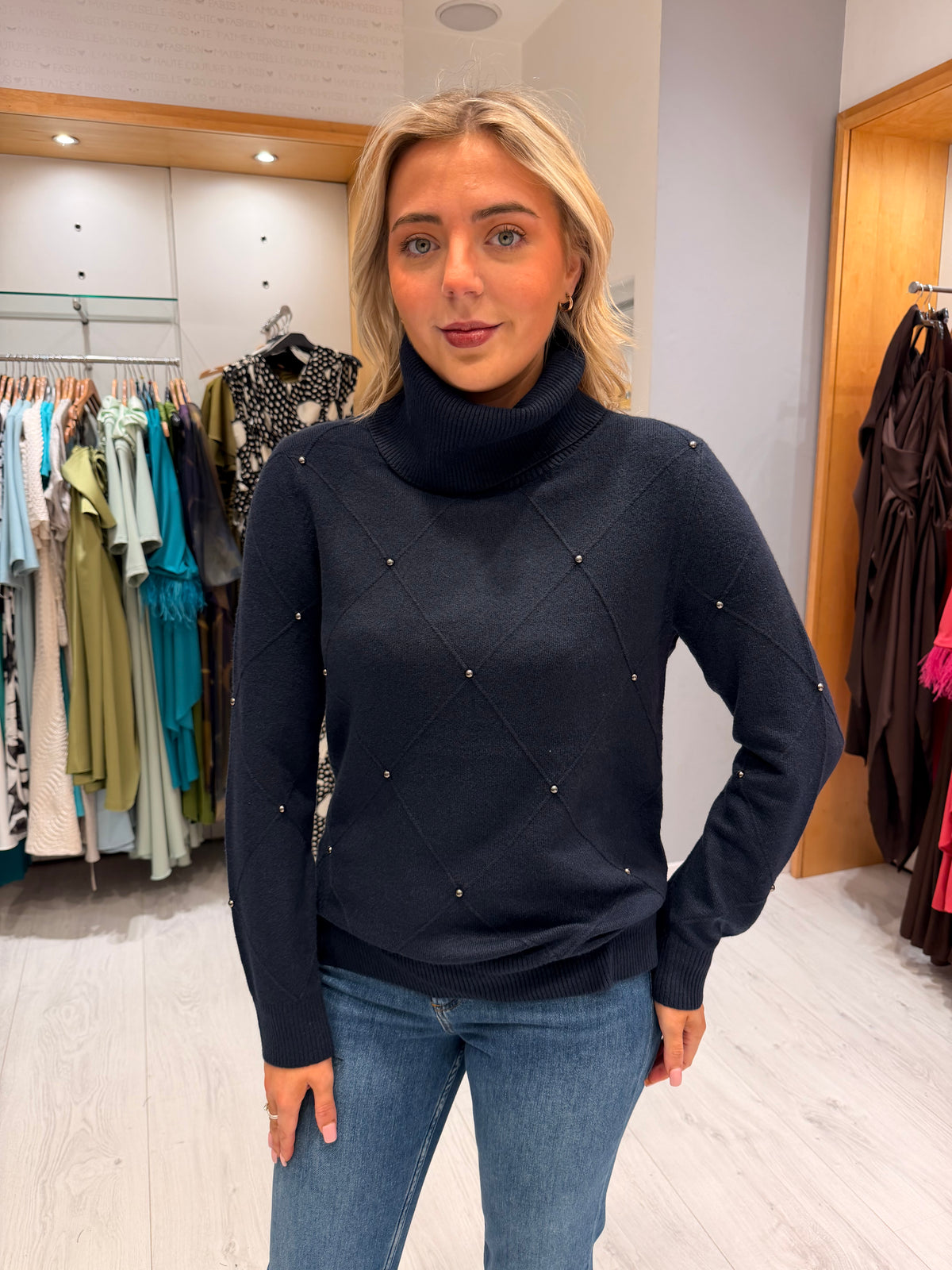 Hv Polo Navy Embellished Roll Neck Jumper
