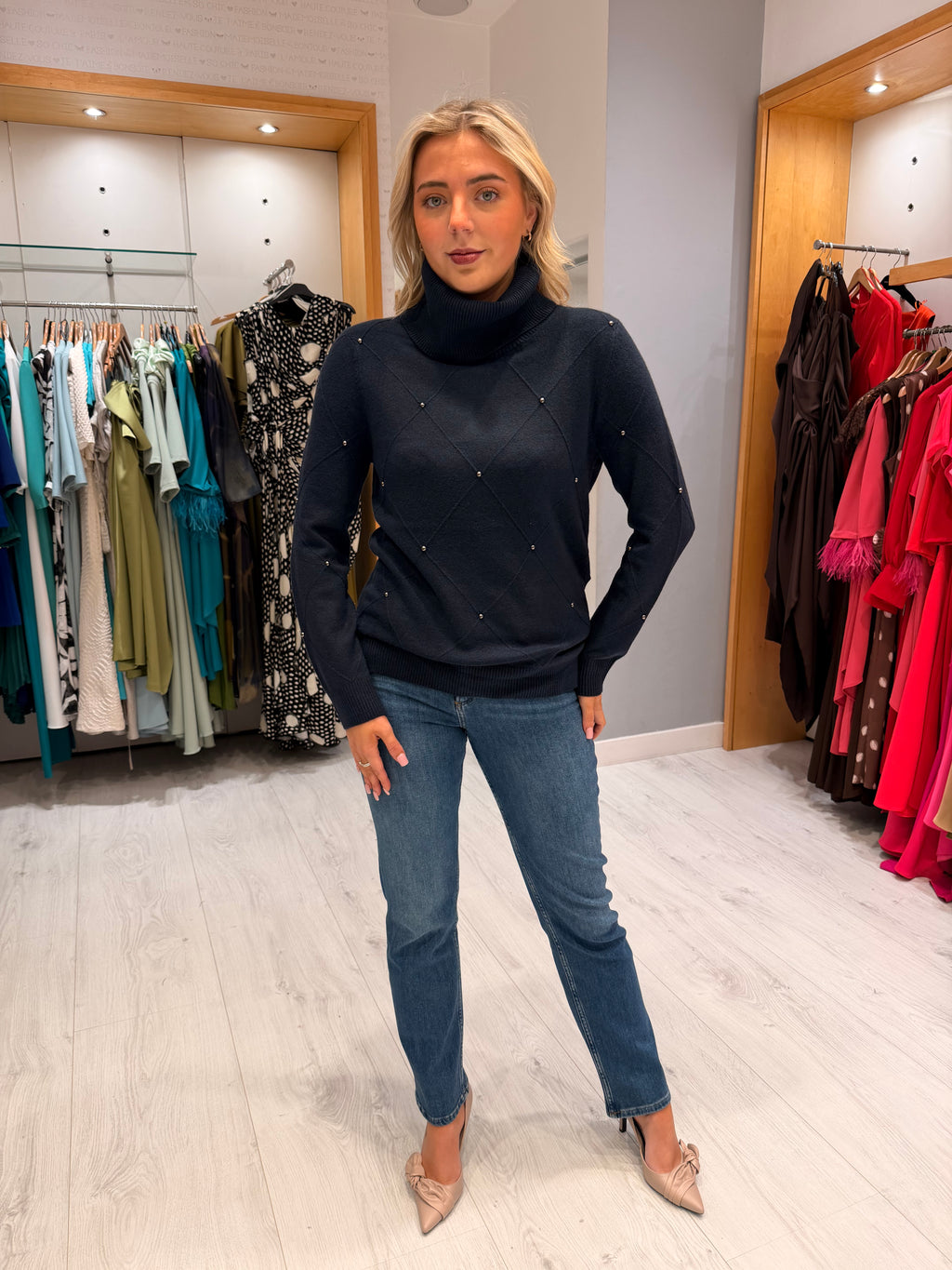 Hv Polo Navy Embellished Roll Neck Jumper