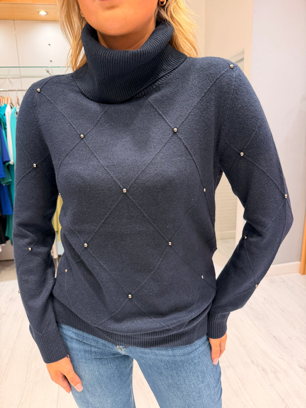Hv Polo Navy Embellished Roll Neck Jumper