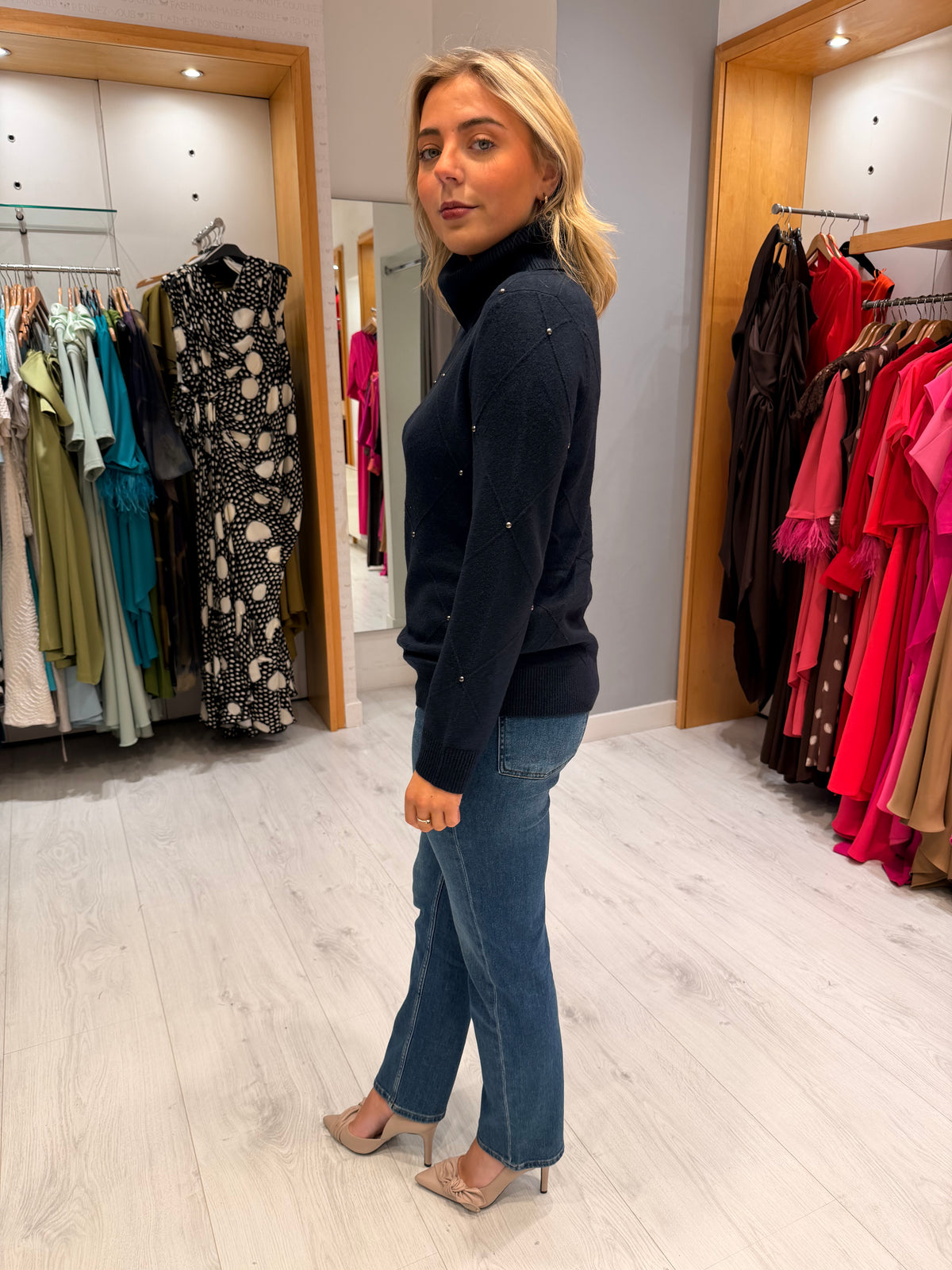 Hv Polo Navy Embellished Roll Neck Jumper
