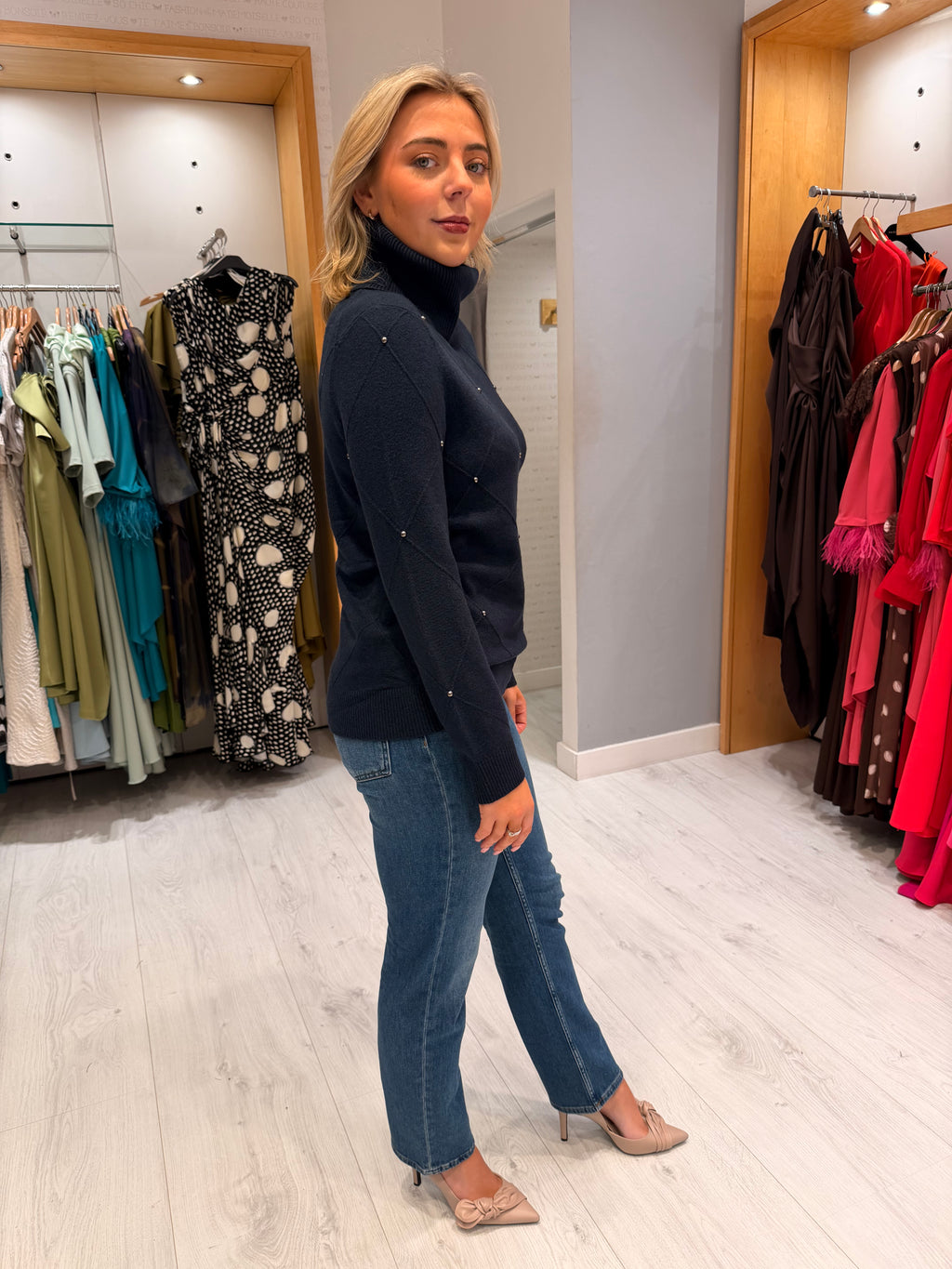 Hv Polo Navy Embellished Roll Neck Jumper