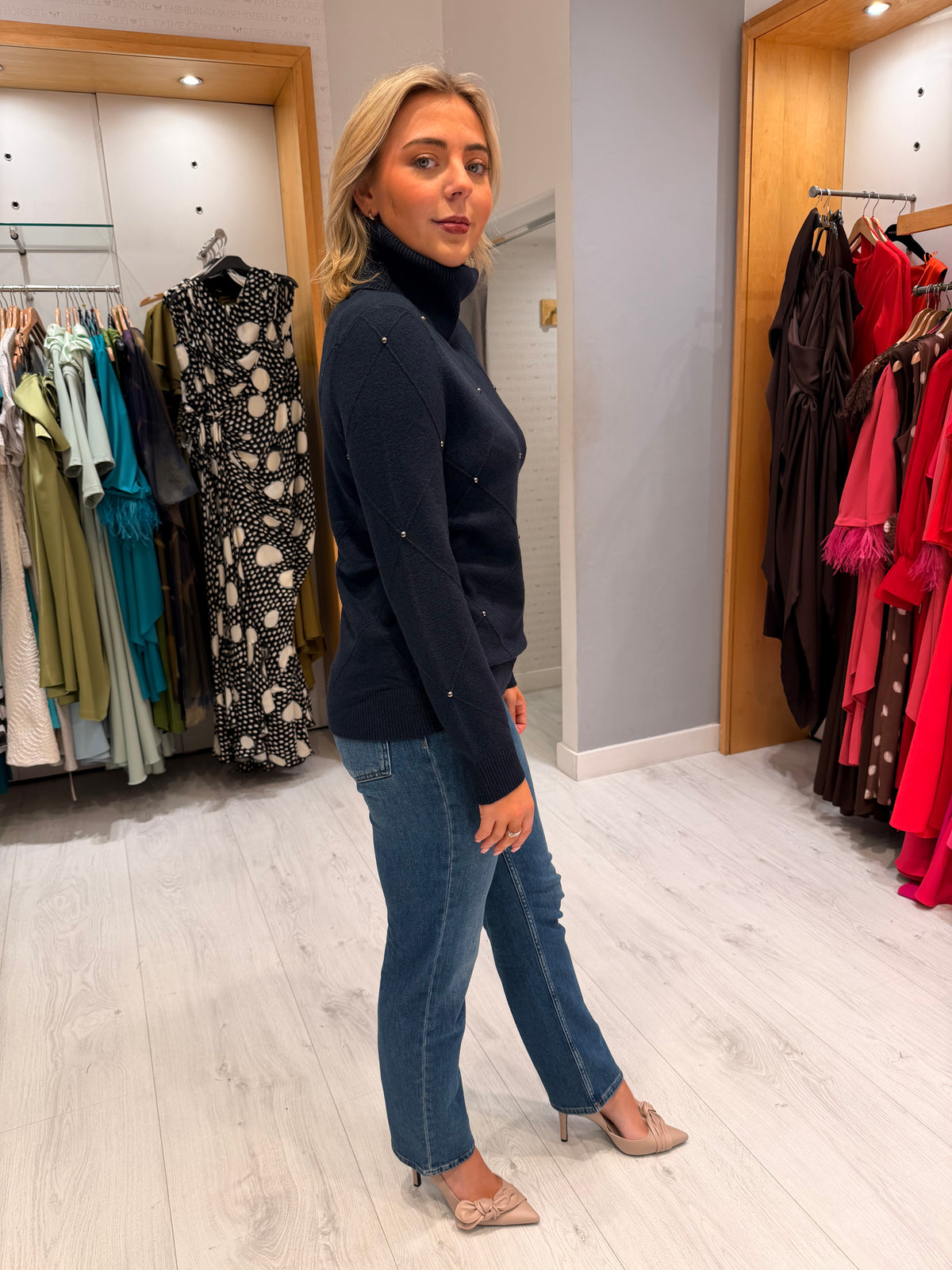 Hv Polo Navy Embellished Roll Neck Jumper