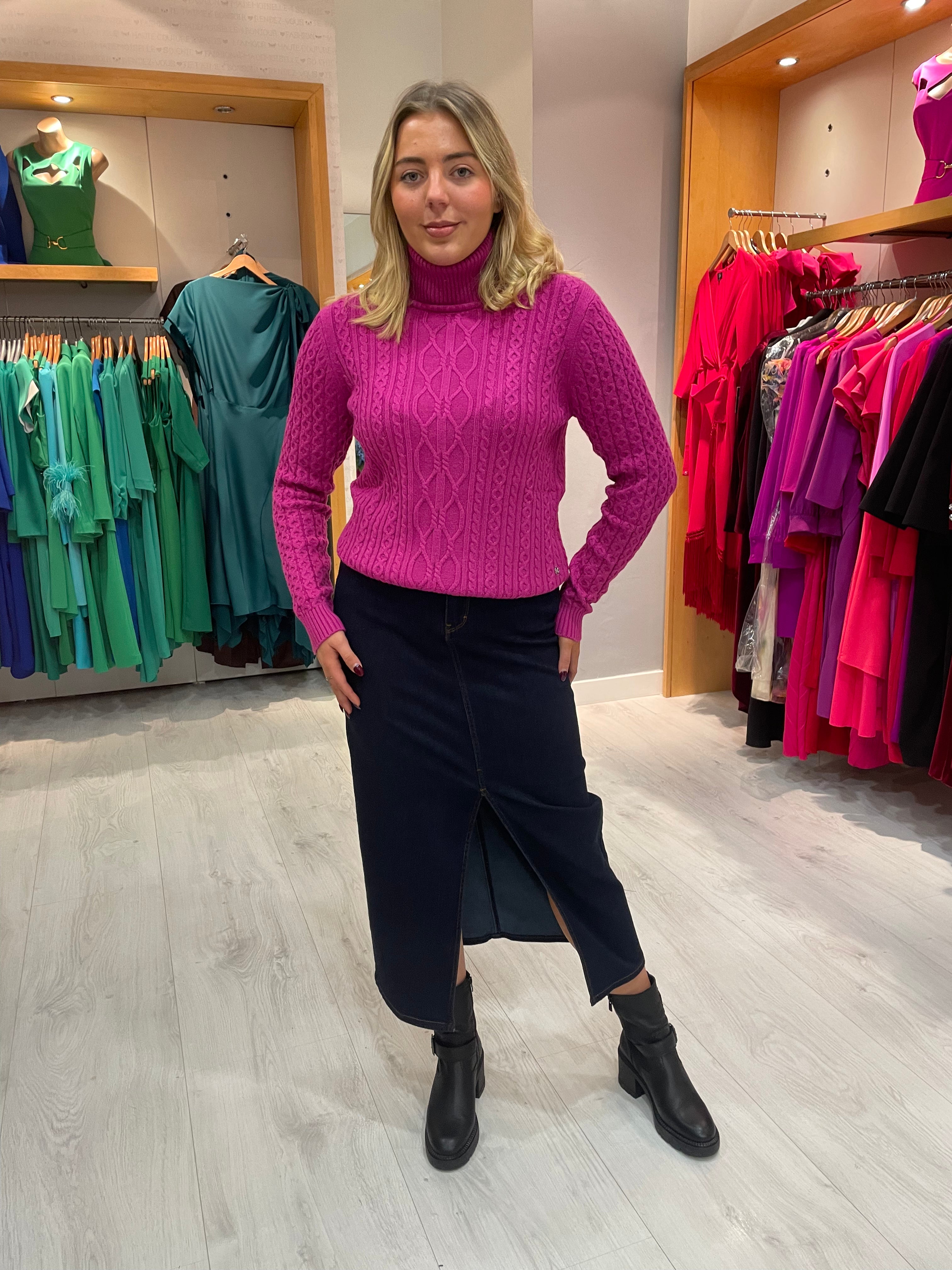 Smashed Lemon Fuchsia Cable Knit Polo Sweater