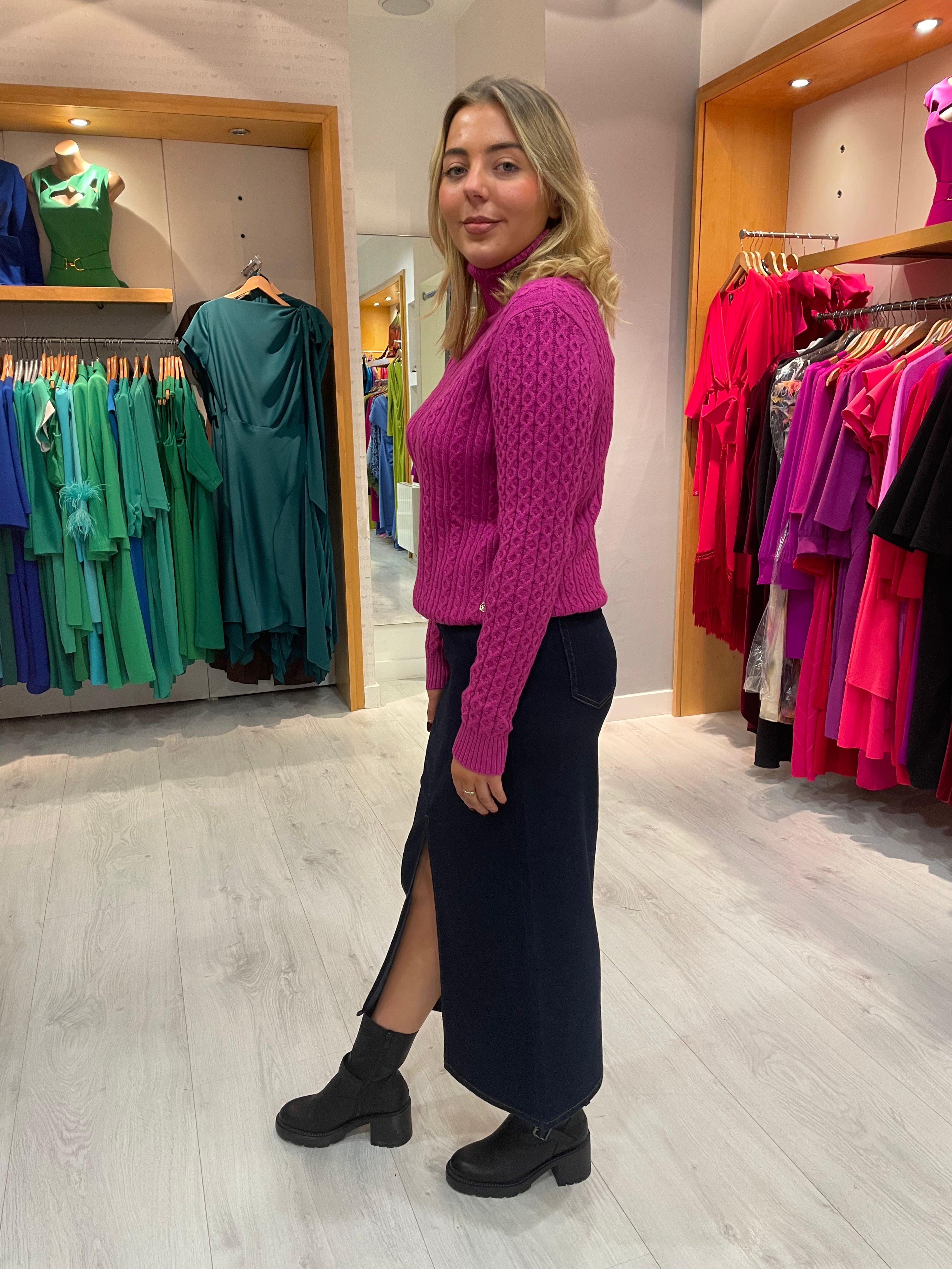 Smashed Lemon Fuchsia Cable Knit Polo Sweater