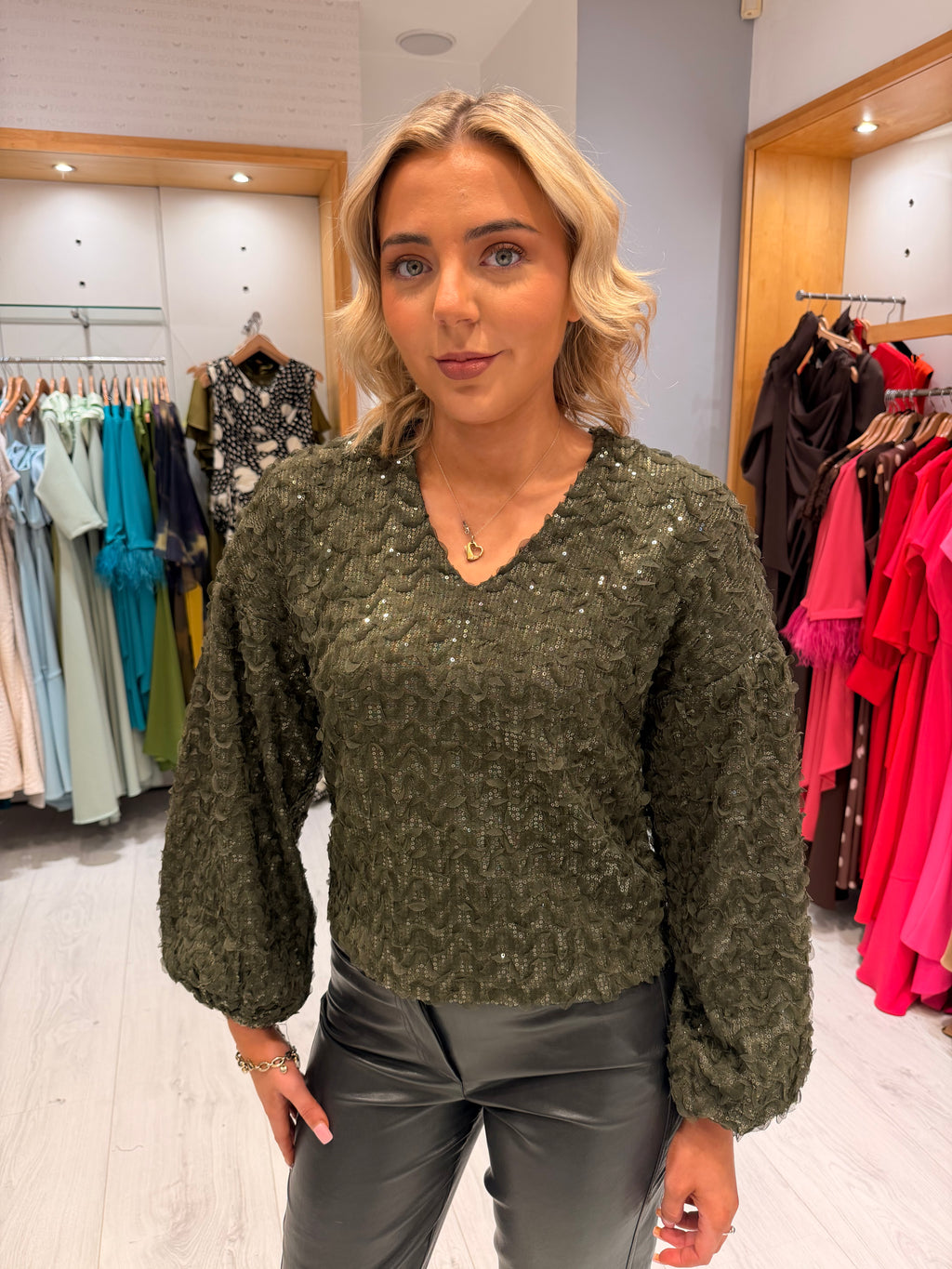 Co'Couture Khaki Green Embellished Blouse