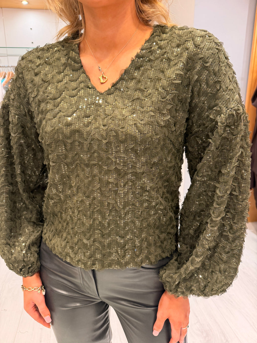 Co'Couture Khaki Green Embellished Blouse
