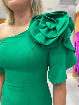Moncho Heredia Green Asymmetrical Rose Dress