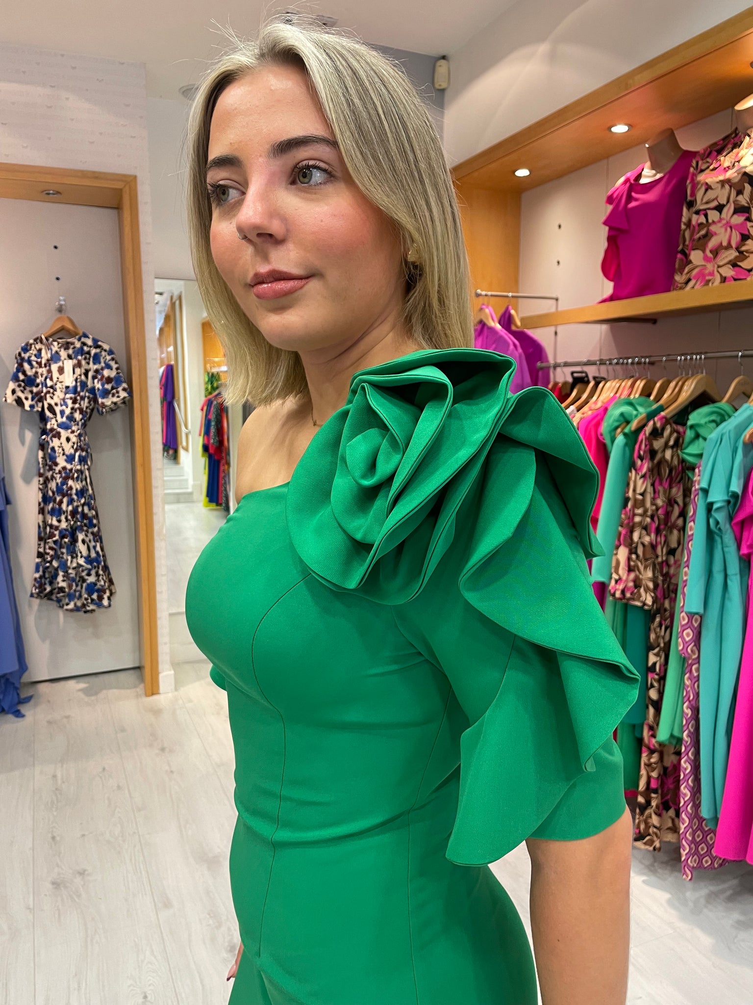 Moncho Heredia Green Asymmetrical Rose Dress