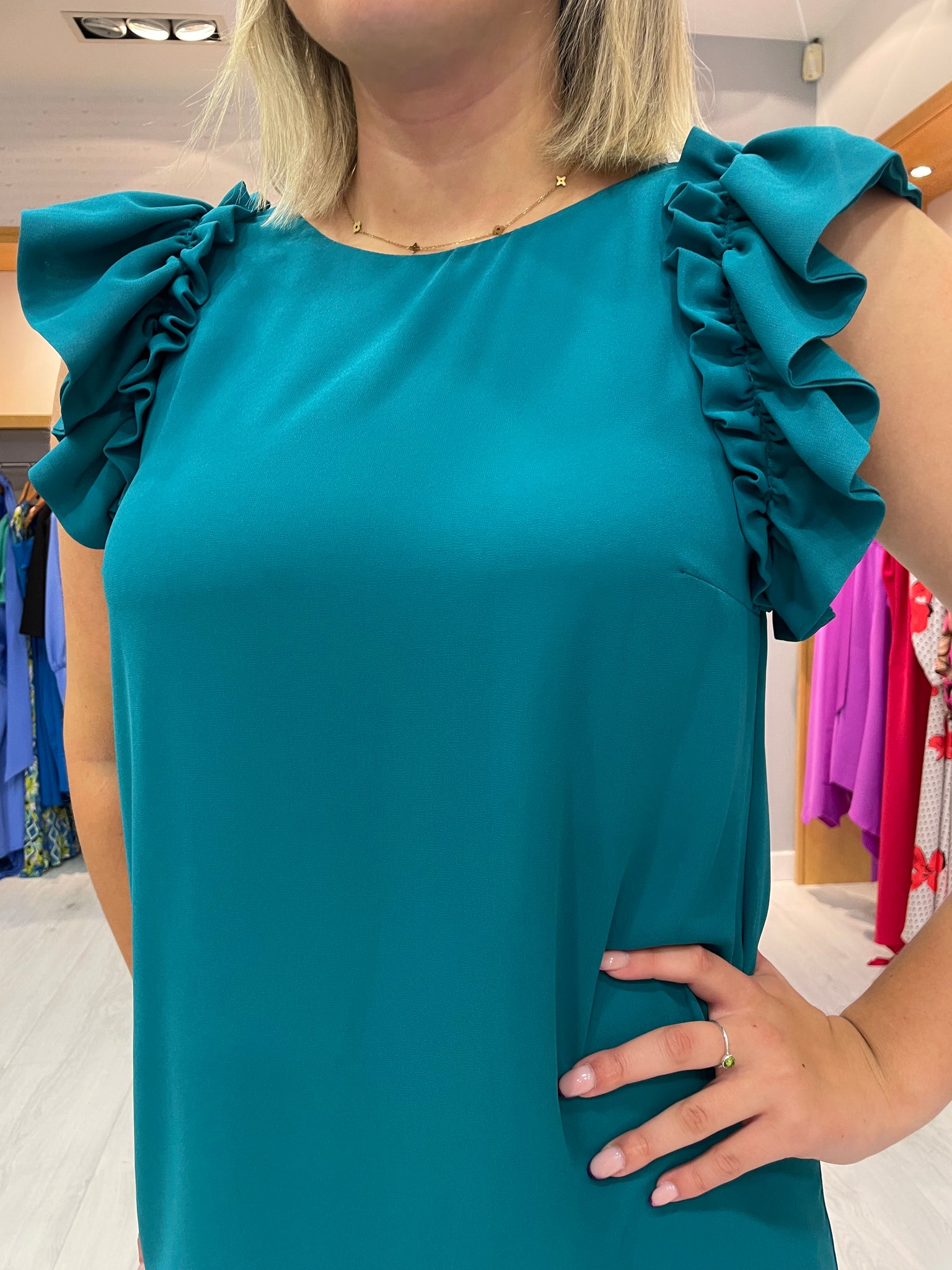Casting Turquoise Frill Sleeve Dress