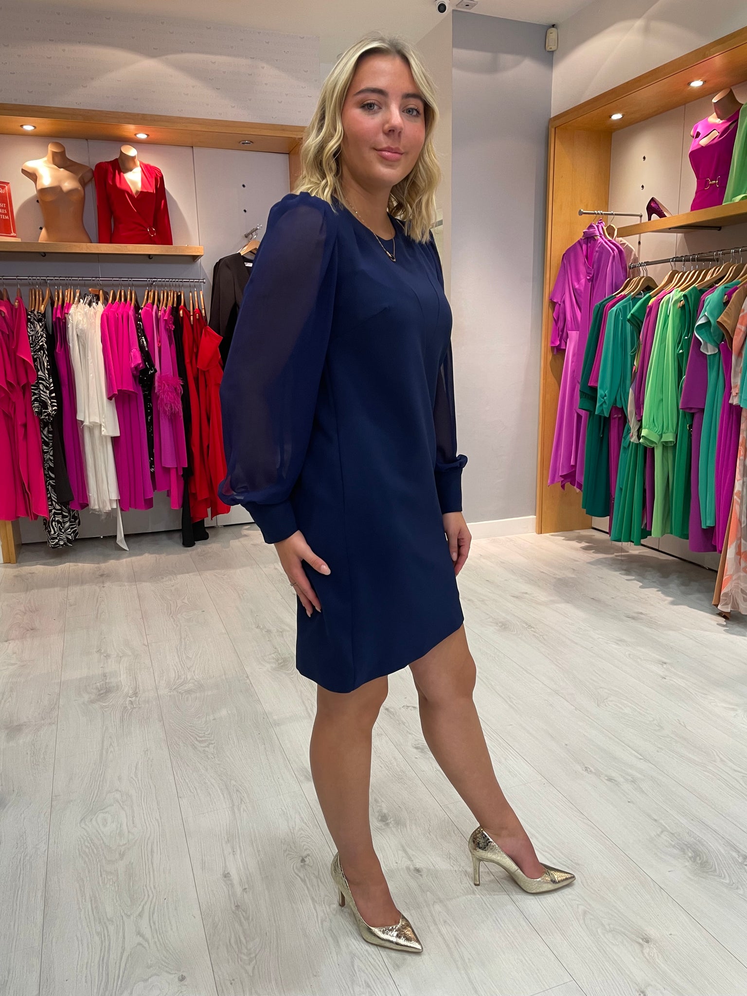 Carla Ruiz Navy Chiffon Sleeve Dress With Cut-Outs