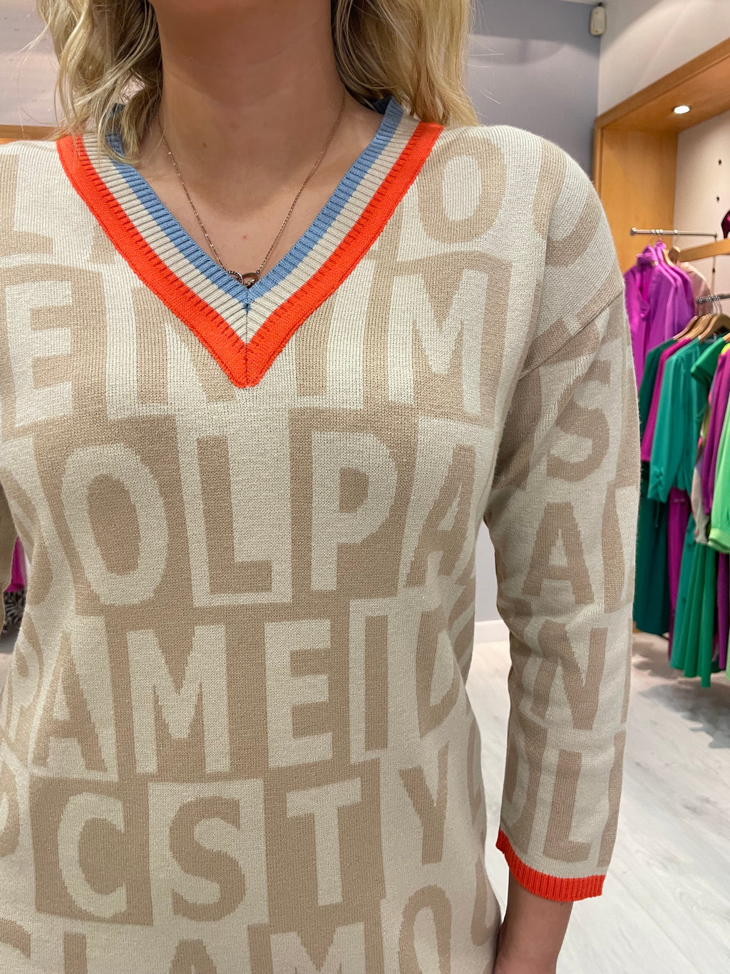 PC Cream V-Neck Letter Dress