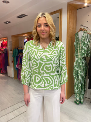 Smashed Lemon Green and White Print Top