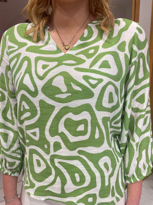Smashed Lemon Green and White Print Top