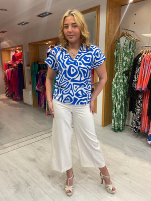 Smashed Lemon Blue and White Print Top