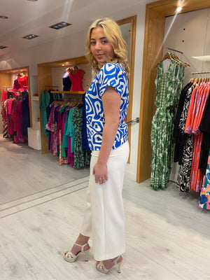 Smashed Lemon Blue and White Print Top