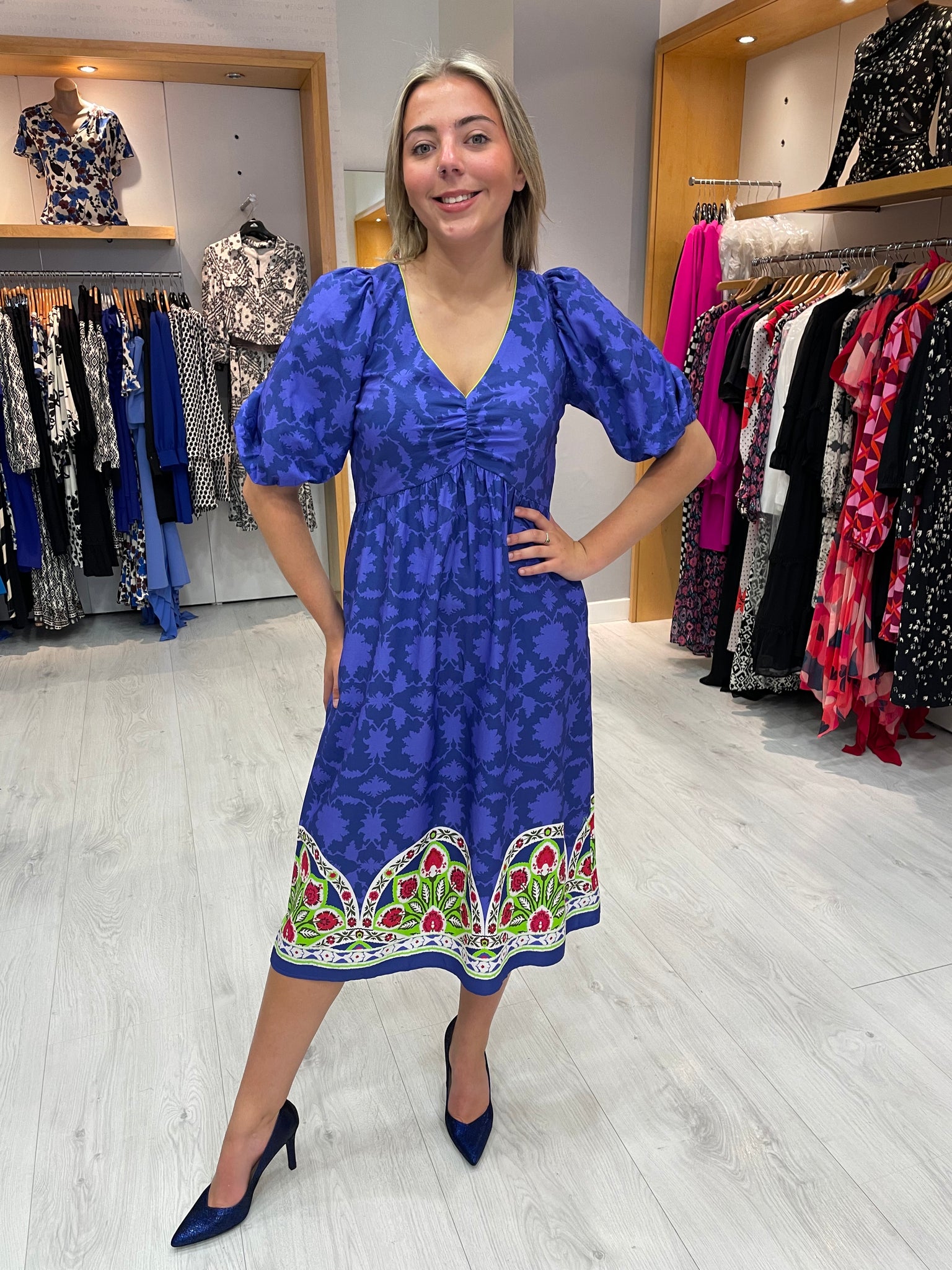 Emily Lovelock Blue Puff Sleeve Dress