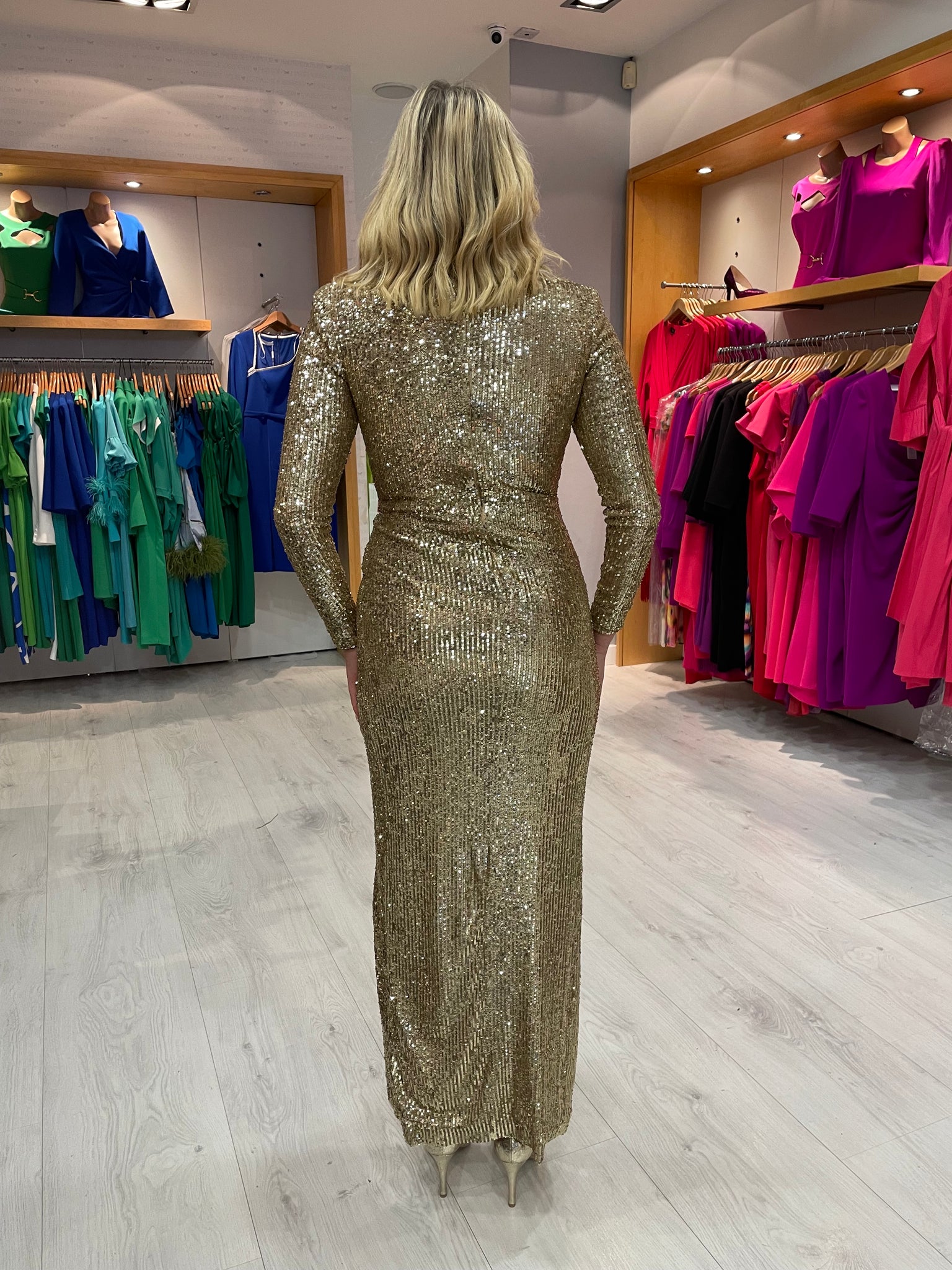 Carla Ruiz Gold Maxi Sequin Dress