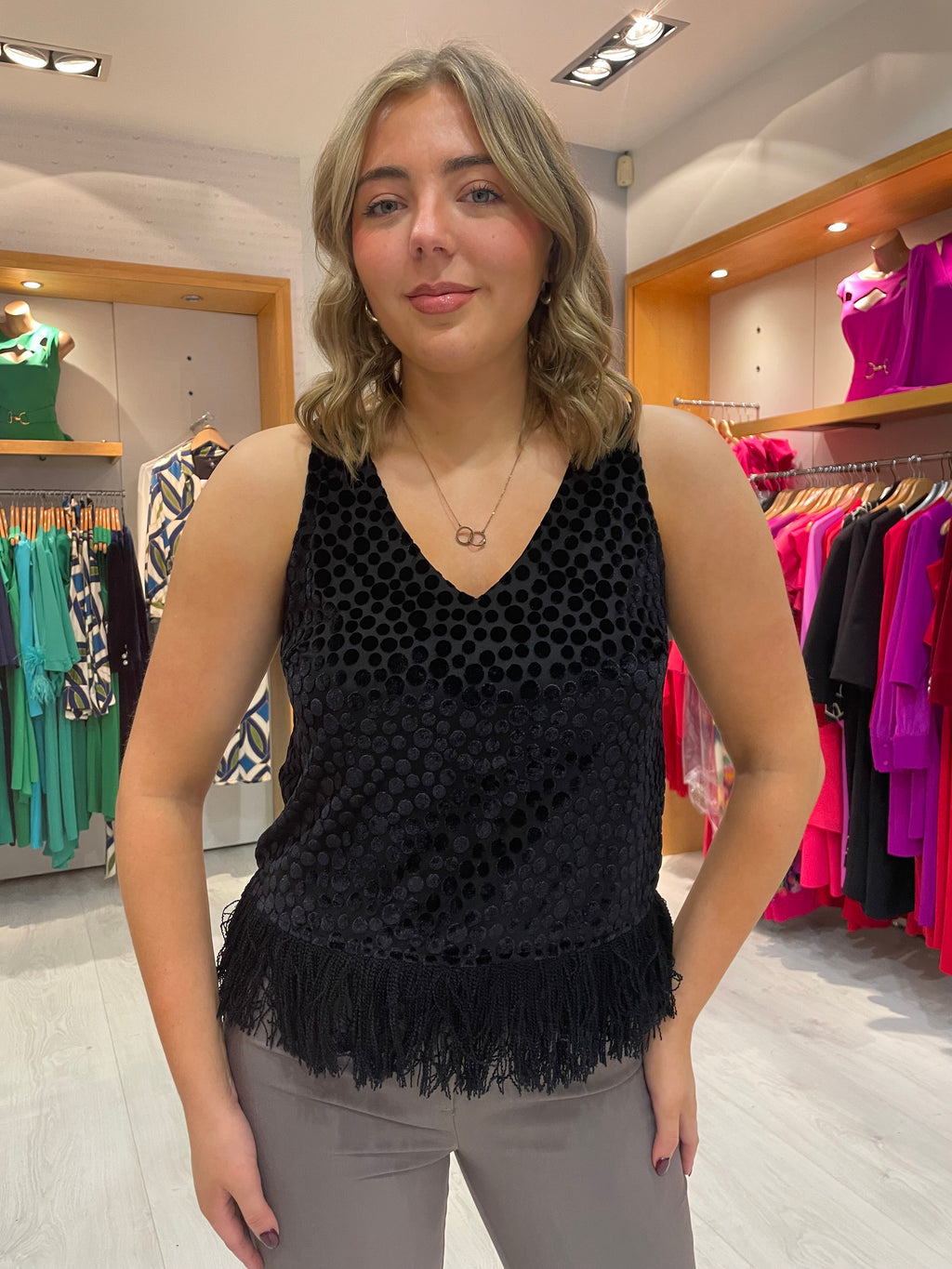 Numph Black Polka Dot Fringe Top