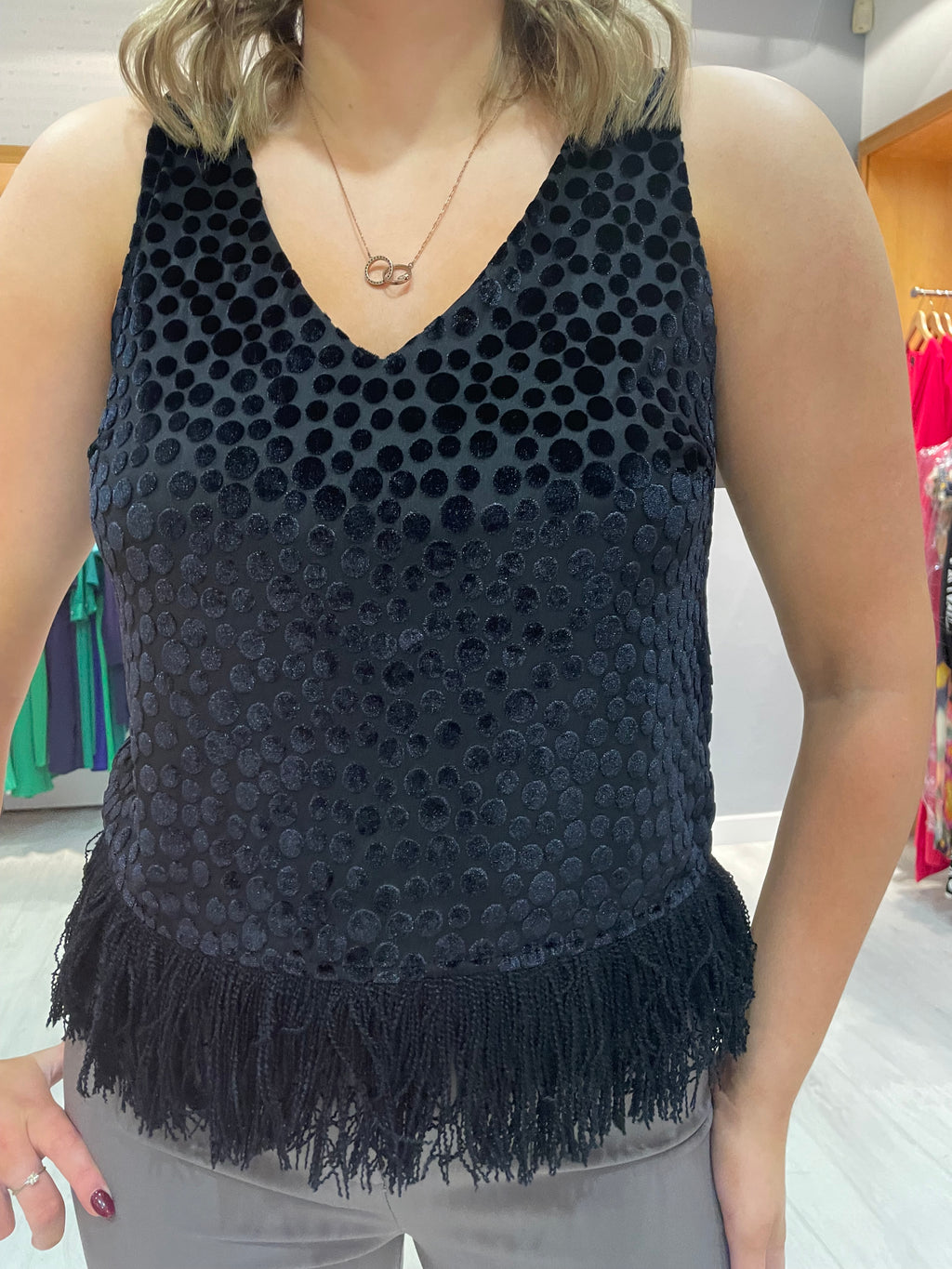 Numph Black Polka Dot Fringe Top