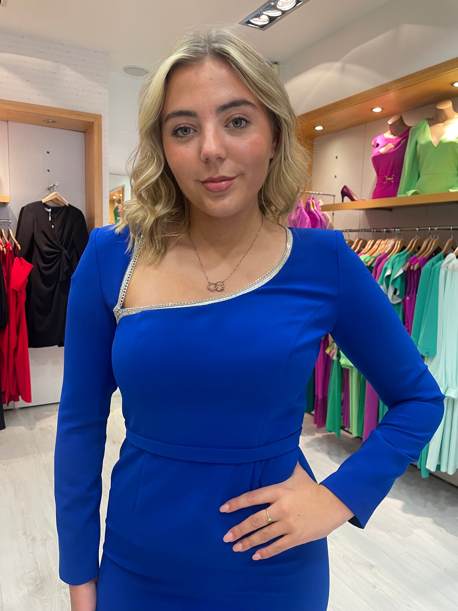 Carla Ruiz Blue Diamante Neckline Dress