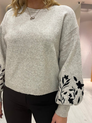 Kaffe Feather Grey Knit Pullover with Flower Detail