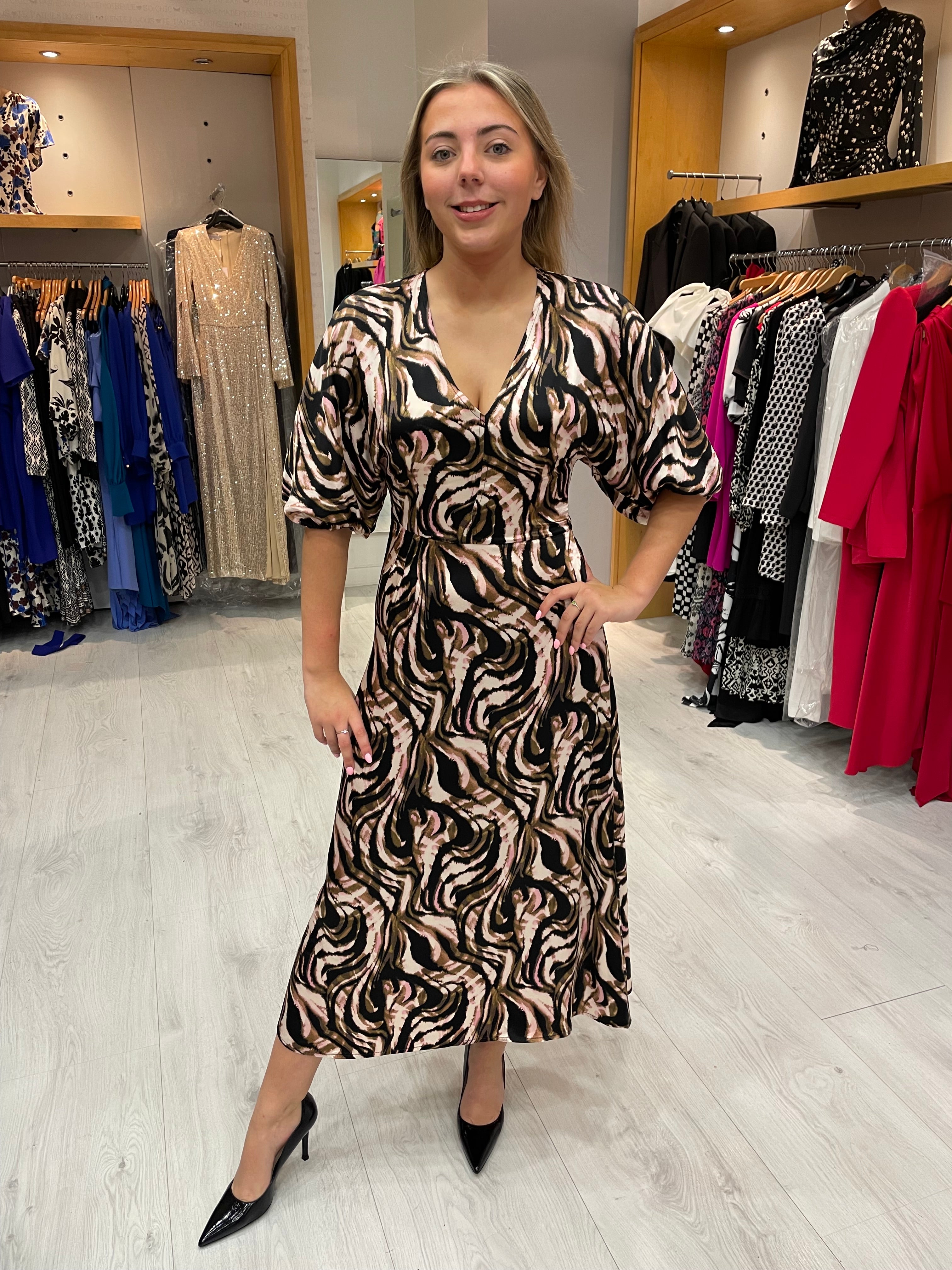 Soaked In Luxury V Neck Dress in Fudge Swirl