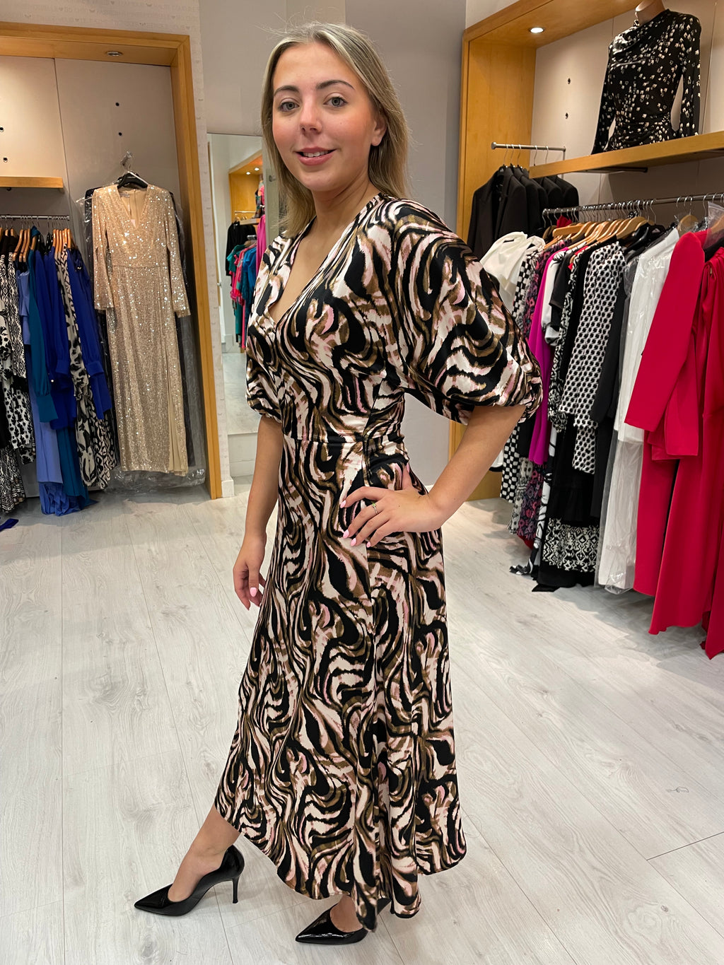 Soaked In Luxury V Neck Dress in Fudge Swirl
