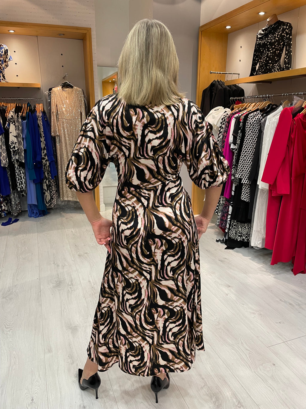 Soaked In Luxury V Neck Dress in Fudge Swirl