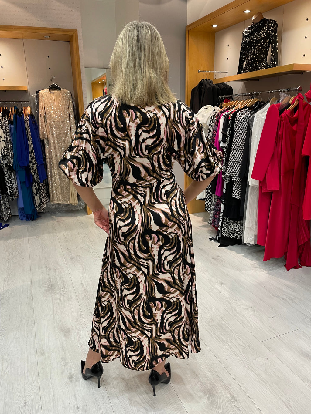 Soaked In Luxury V Neck Dress in Fudge Swirl