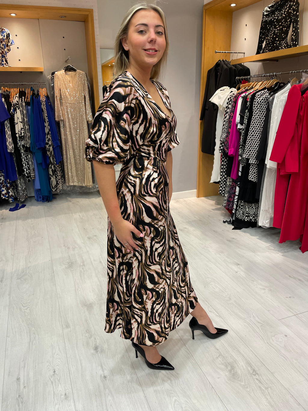 Soaked In Luxury V Neck Dress in Fudge Swirl
