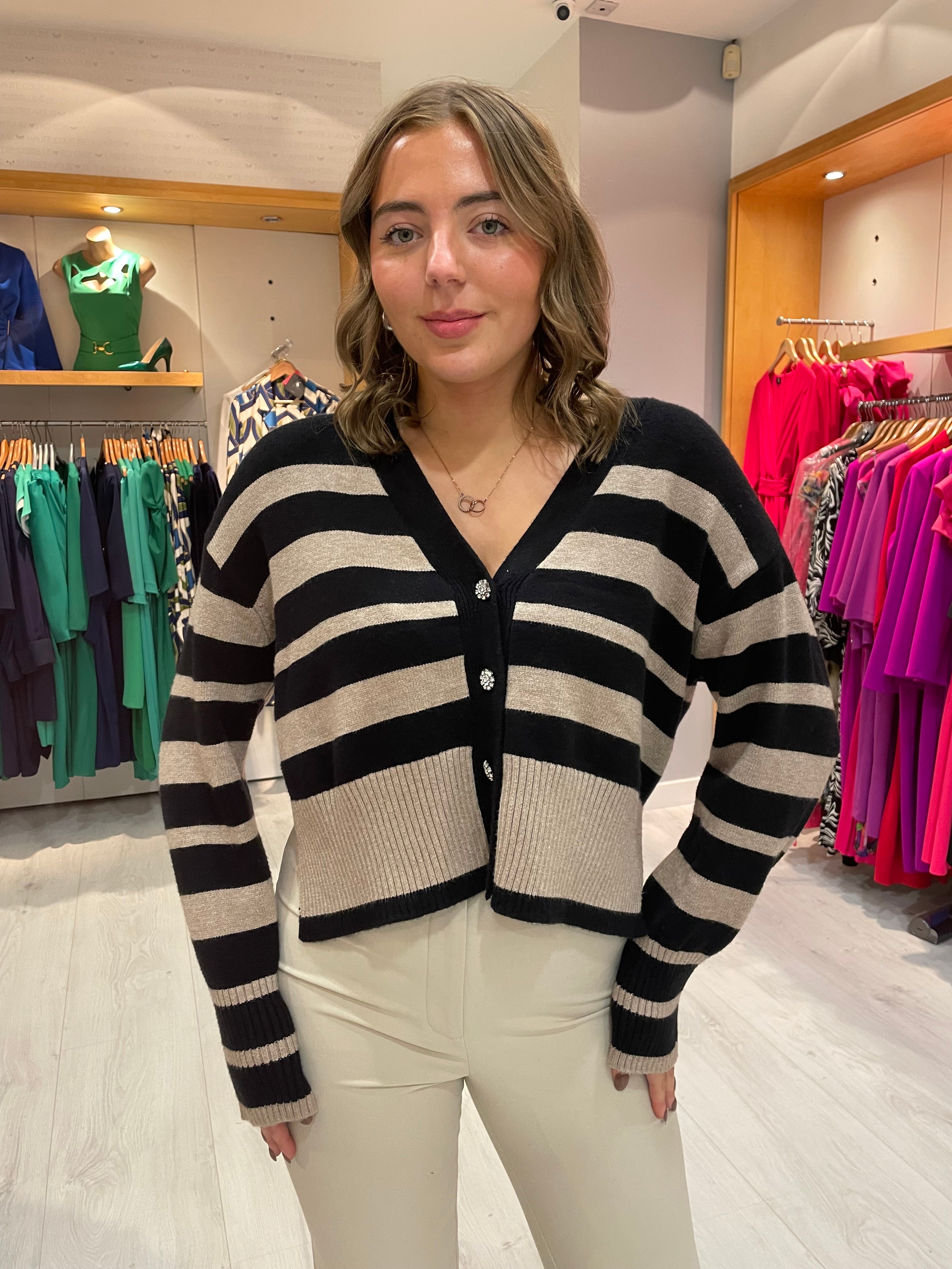 St Tropez Black and Sand Stripe Cardigan