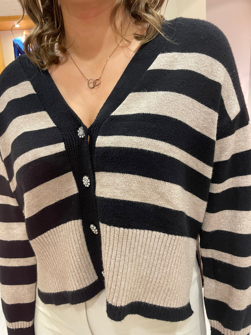 St Tropez Black and Sand Stripe Cardigan