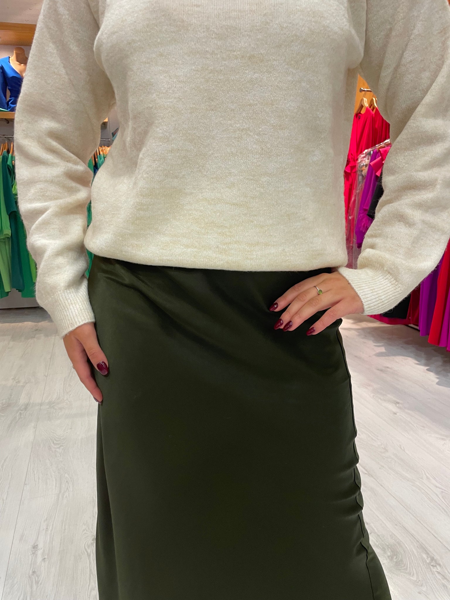 My Essential Wardrobe Khaki Satin Skirt