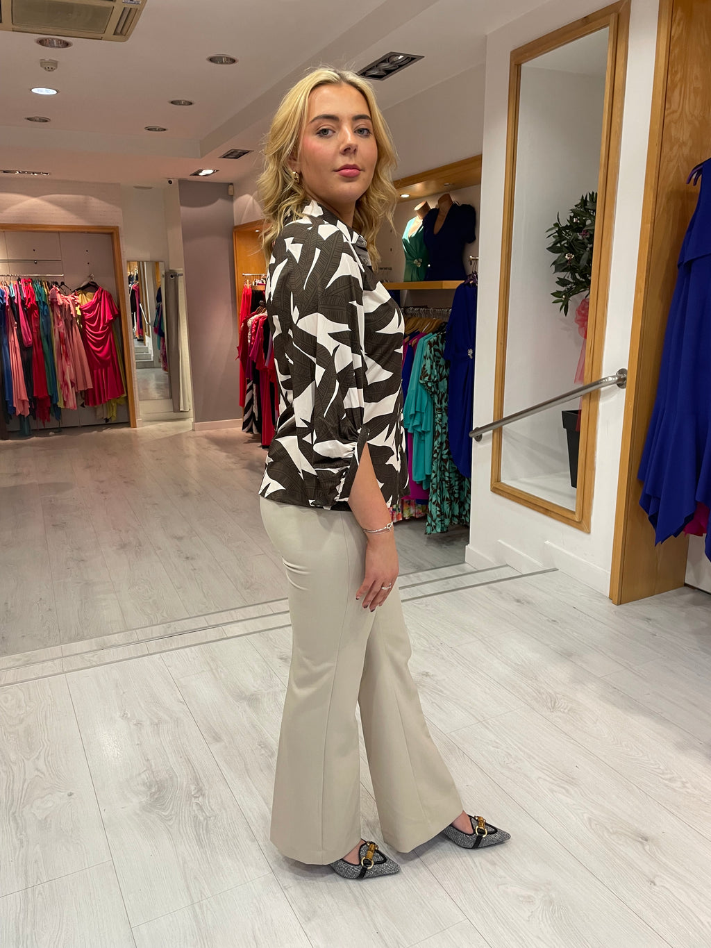 K Design Cream Leaf Print Top