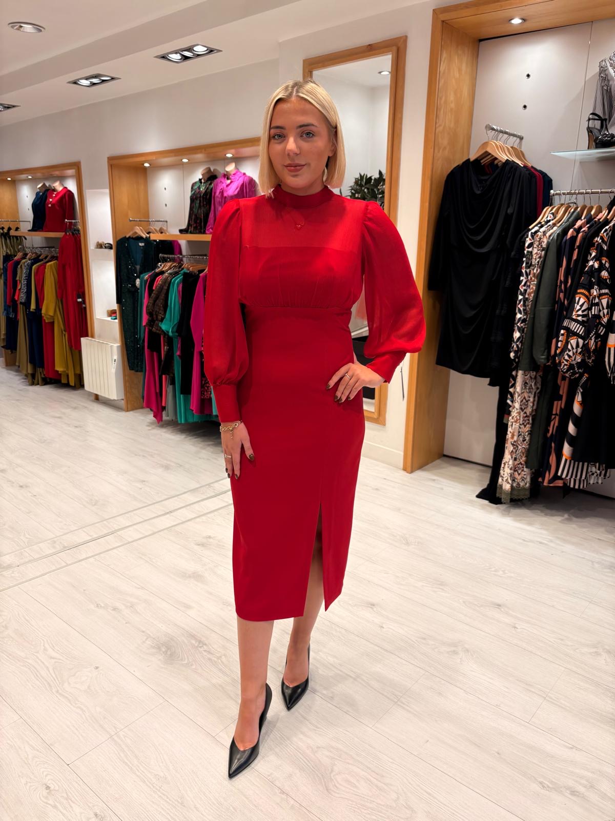 Rolemode Ruby Sheer-Sleeve High-Neck Dress