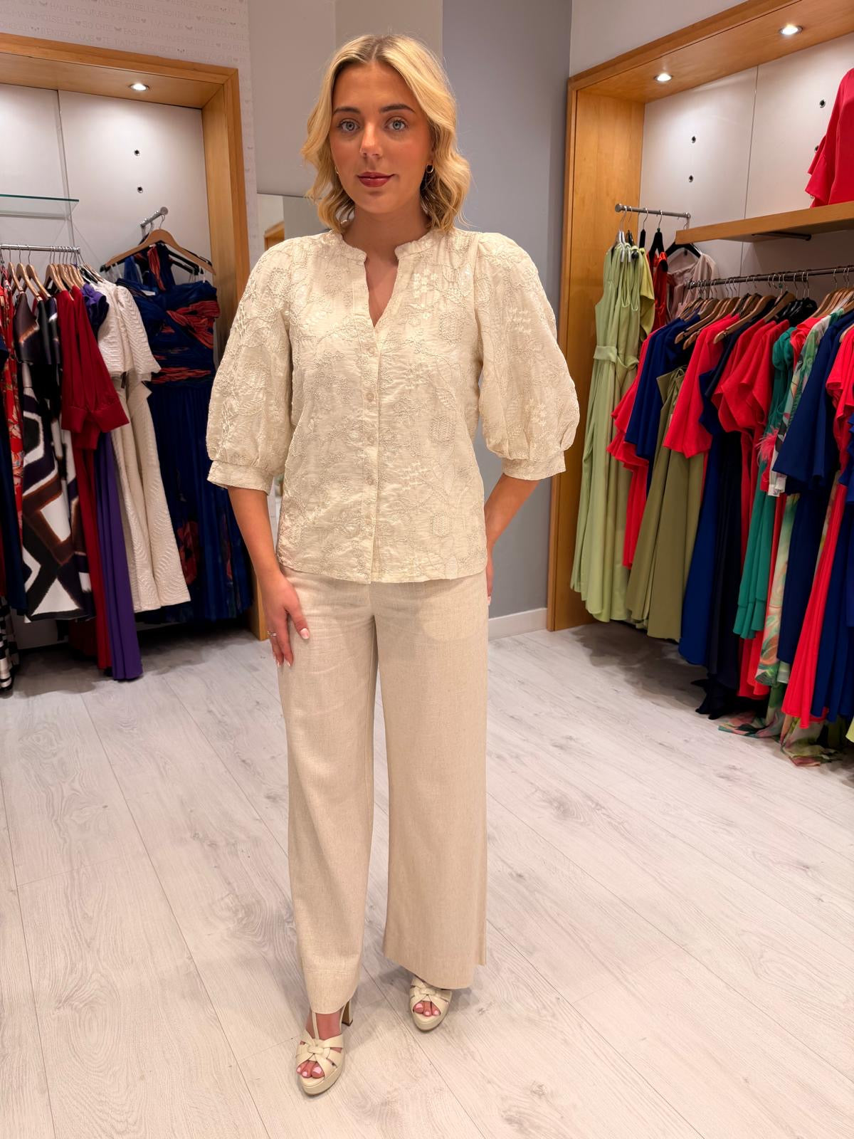 Smashed Lemon Cream Sequin Embroidered Top
