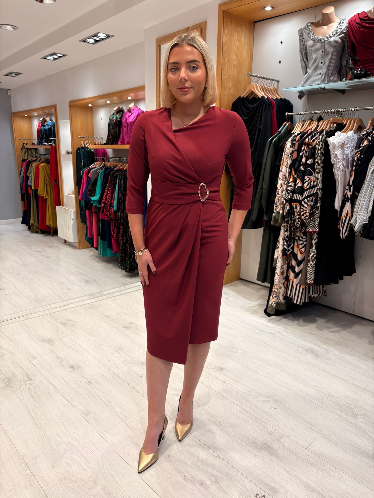 Casting Burgundy Draped Midi Dress with Buckle Detail