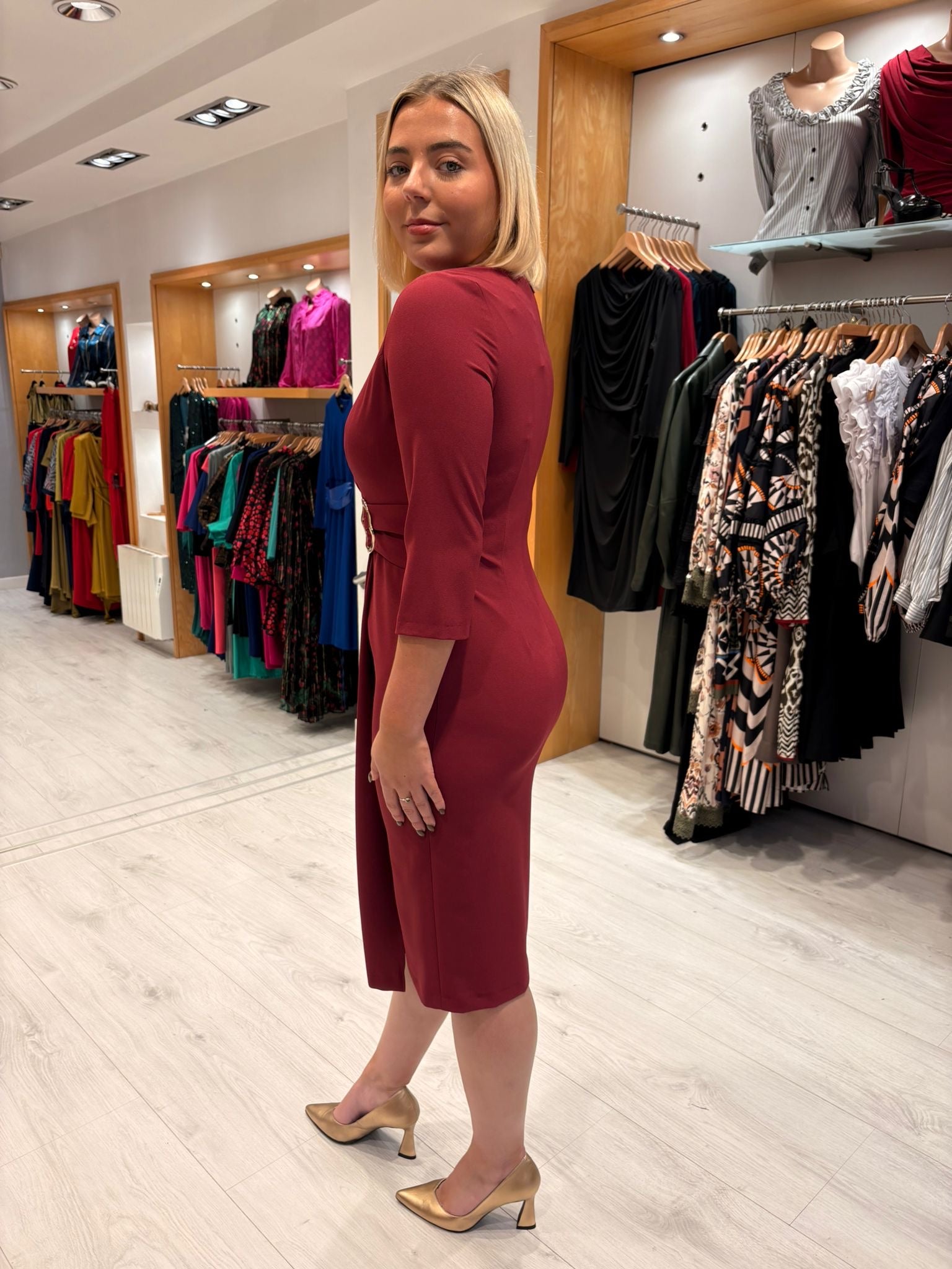 Casting Burgundy Draped Midi Dress with Buckle Detail