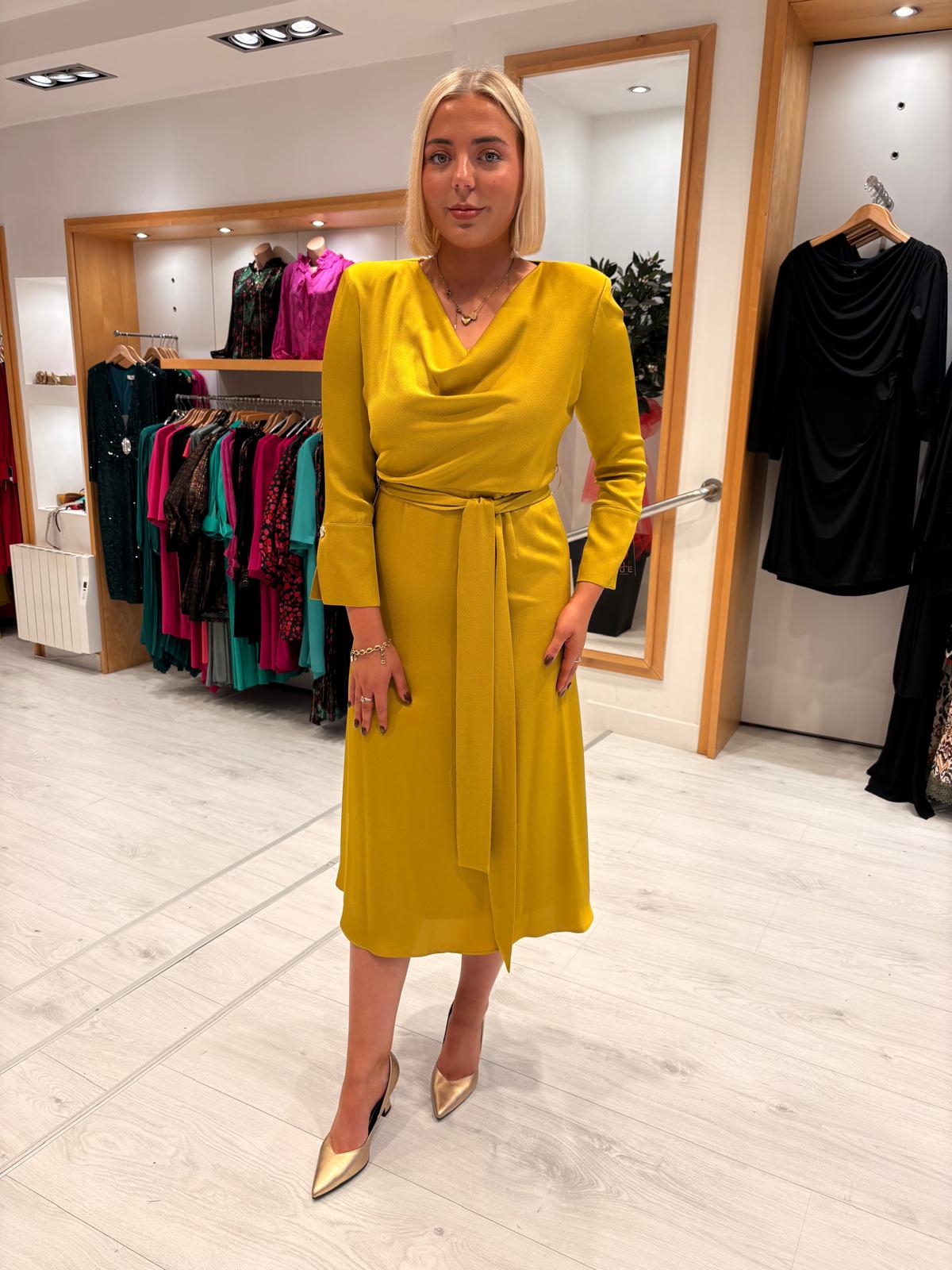 Rolemode Mustard Draped Cowl-Neck Dress