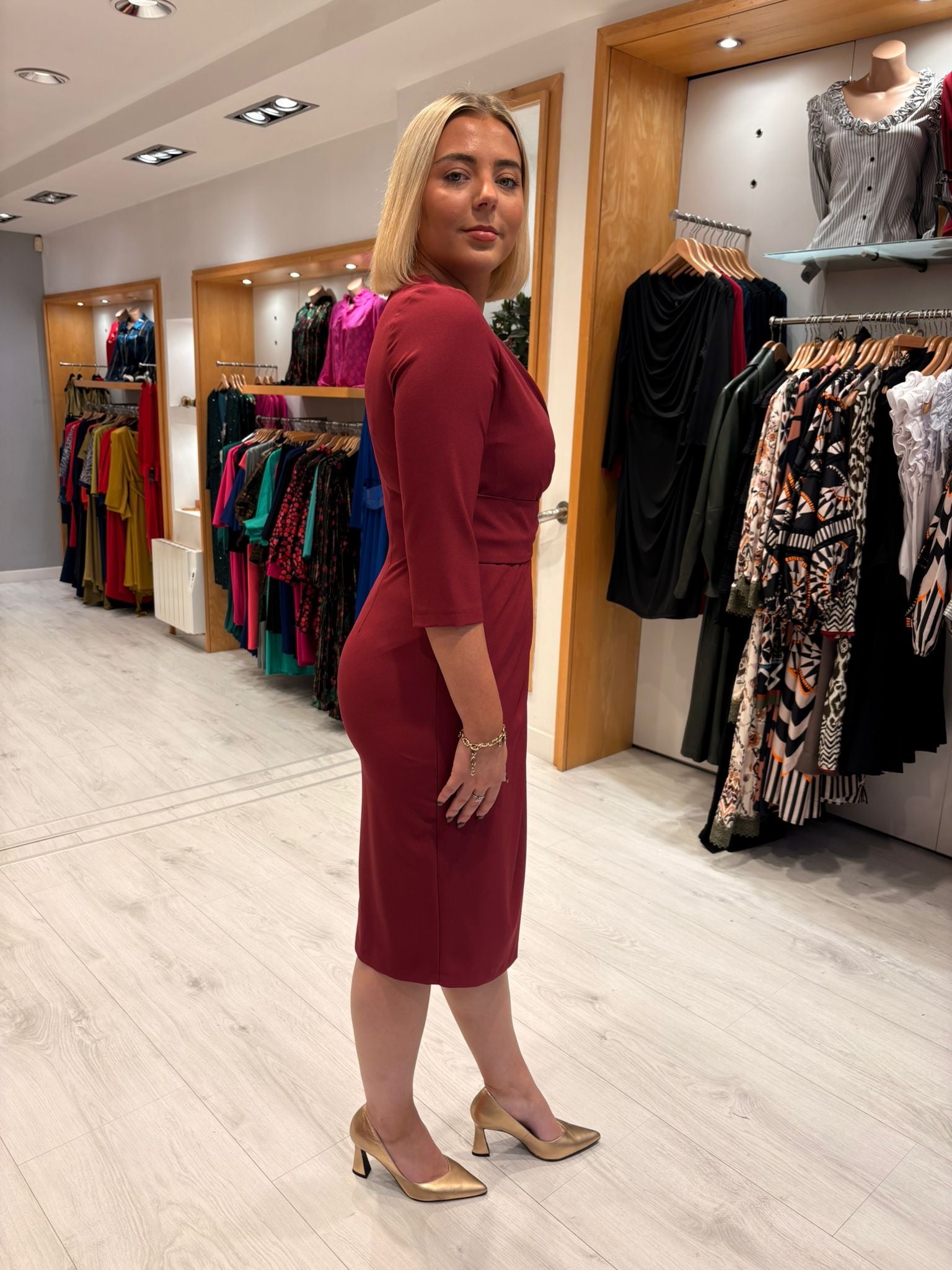 Casting Burgundy Draped Midi Dress with Buckle Detail