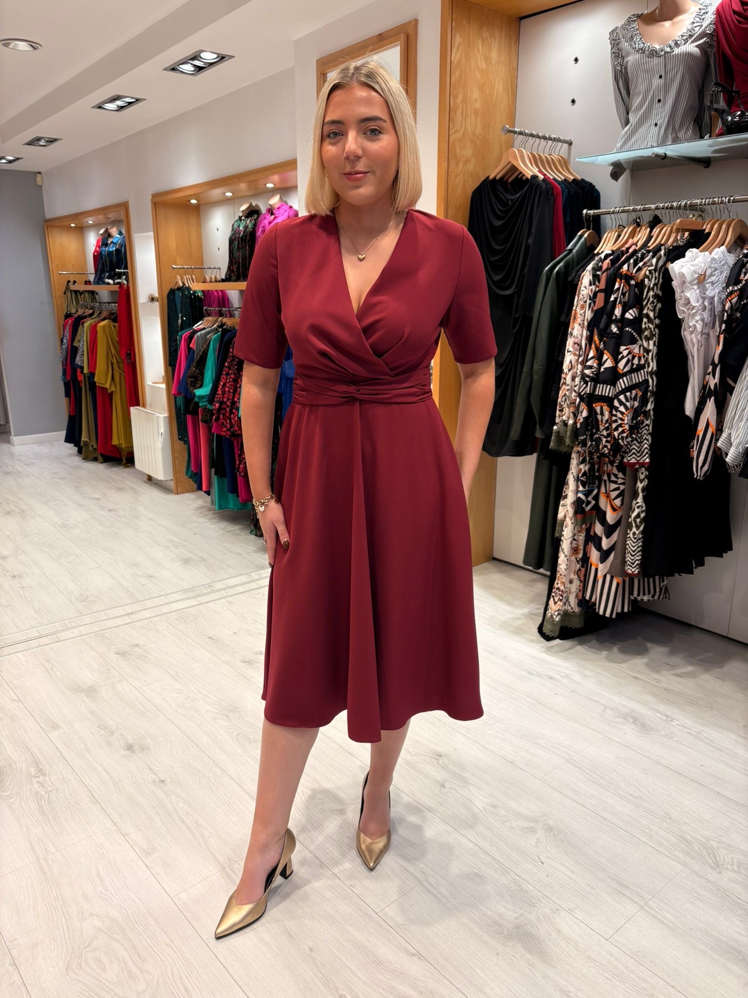 Casting Burgundy Wrap Midi Dress