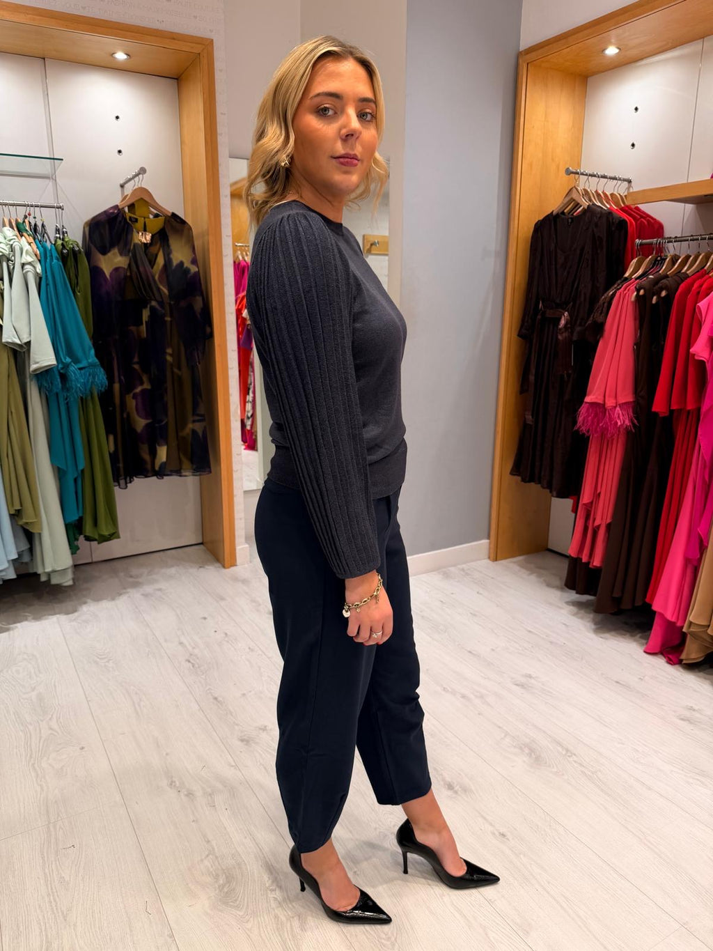 Kaffe Navy Pleated Sleeve Knit Top