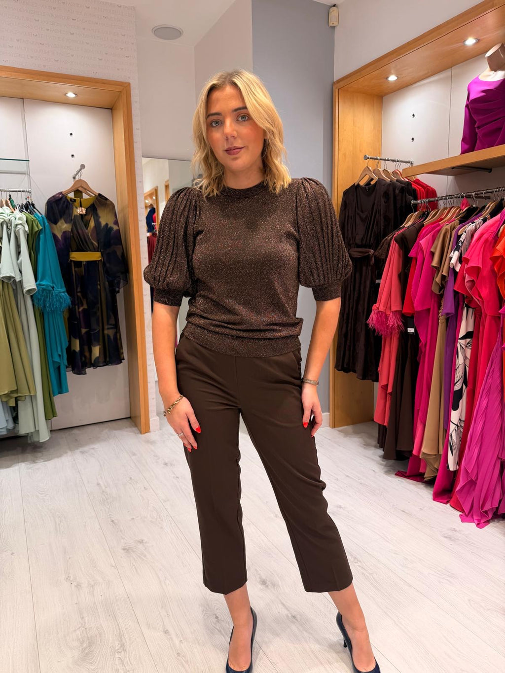 Kaffe Chocolate Brown Shimmer Puff Sleeve Top