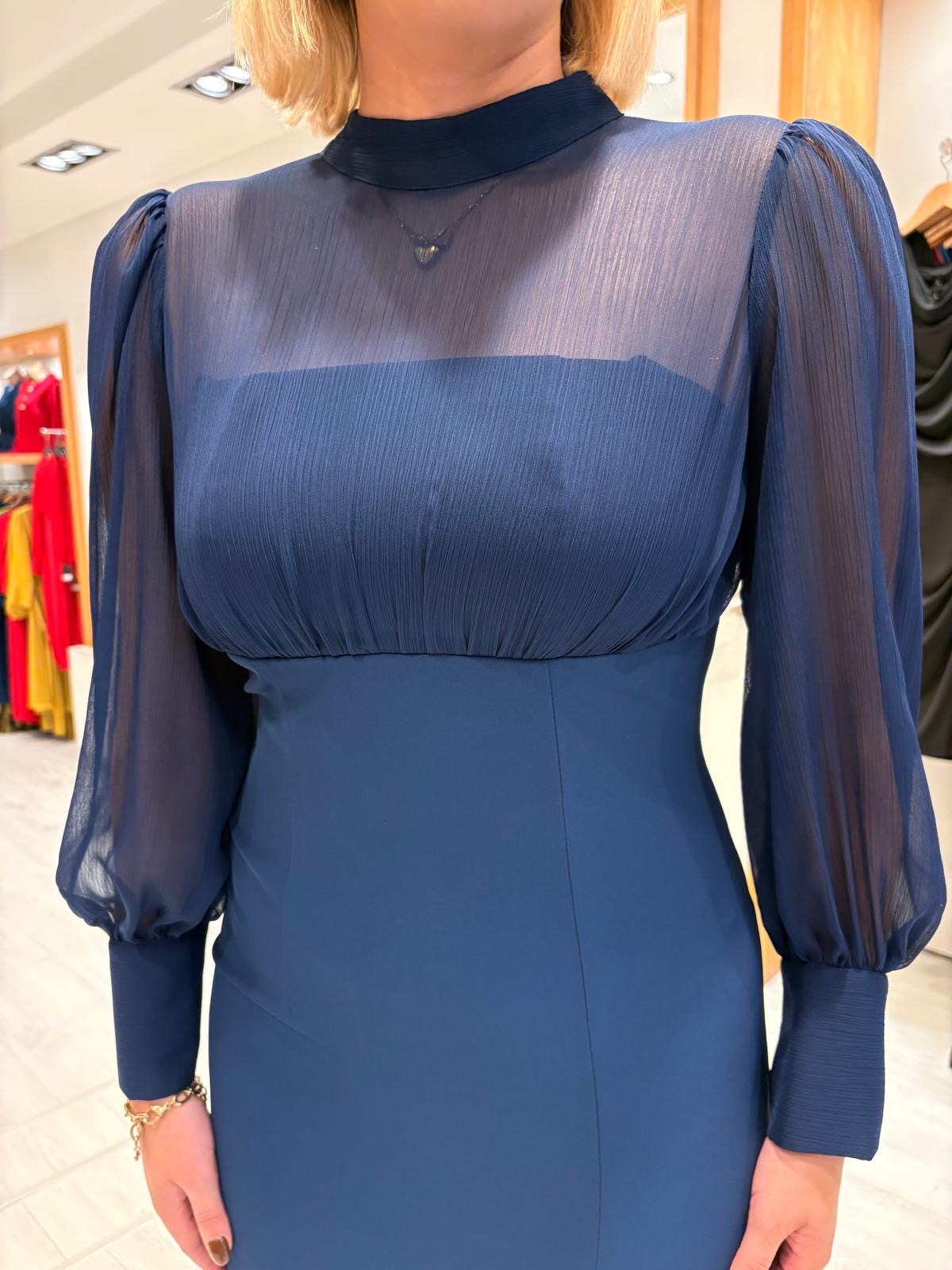 Rolemode Navy Sheer-Sleeve High-Neck Dress