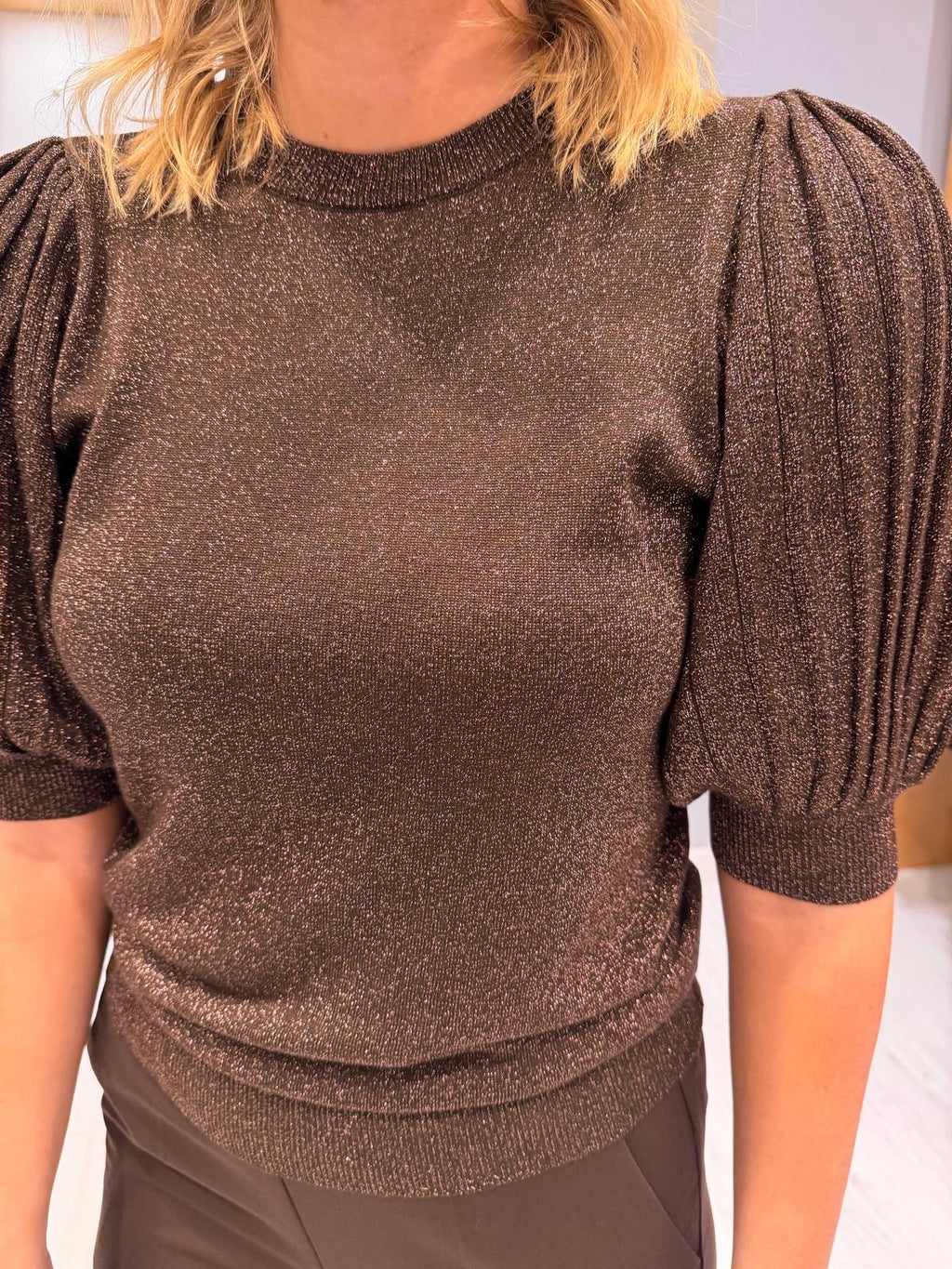 Kaffe Chocolate Brown Shimmer Puff Sleeve Top